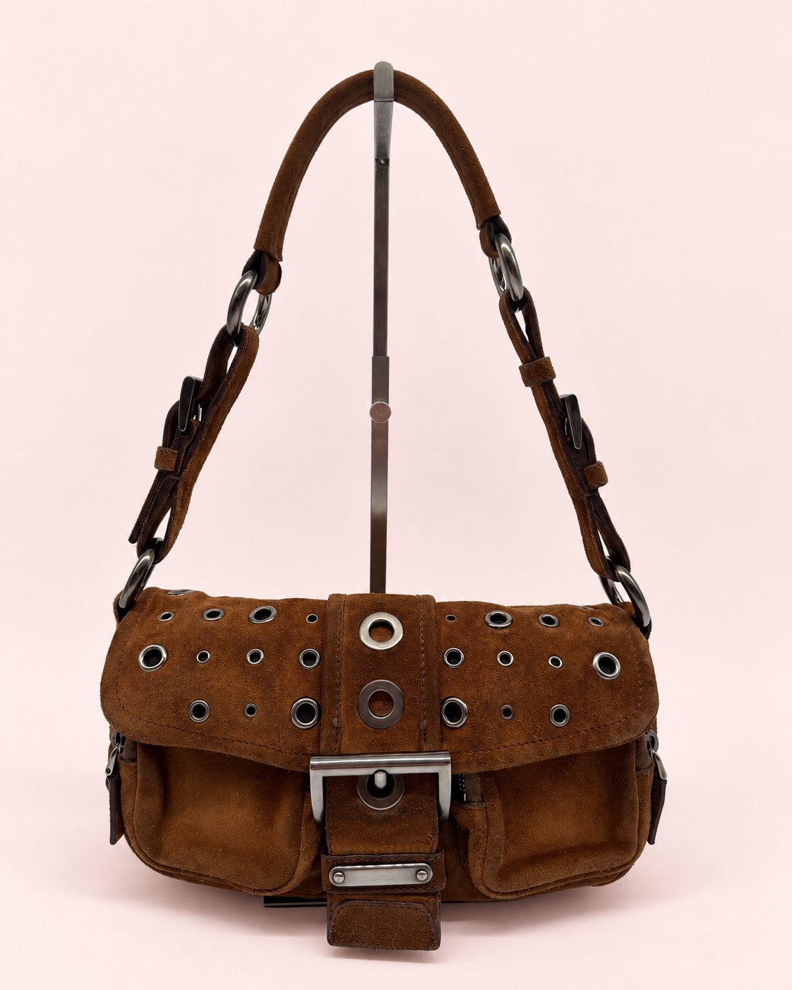 Prada Brown Suede Grommet Buckle Shoulder Bag