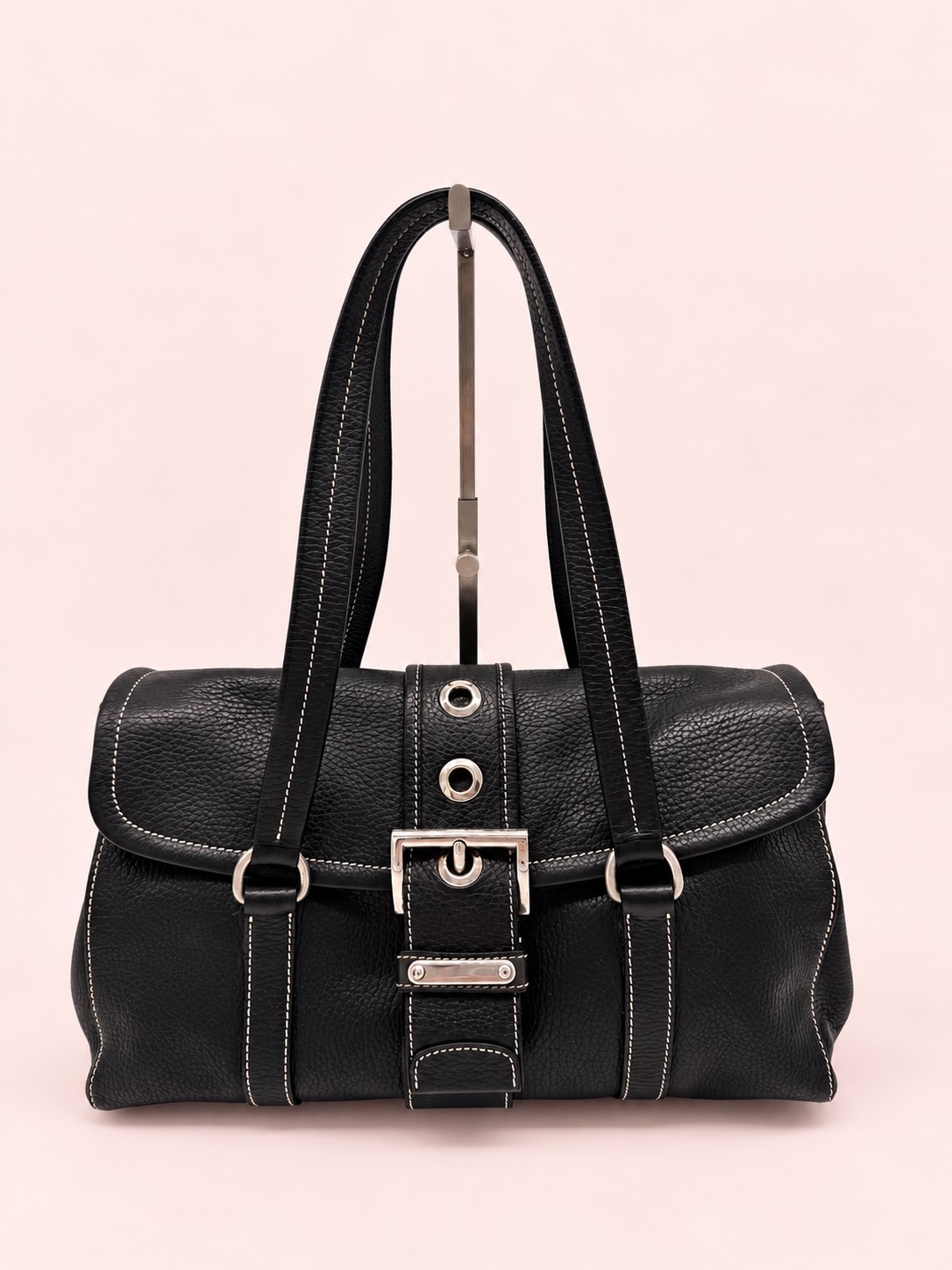 Prada Black Cervo Leather Buckle Grommet Shoulder Bag