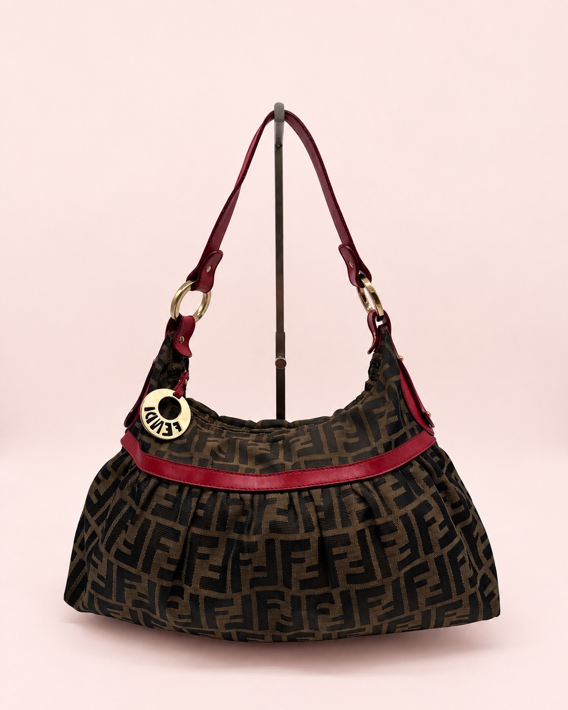 Fendi Chef Hobo Shoulder Bag Brown Zucca Red Leather