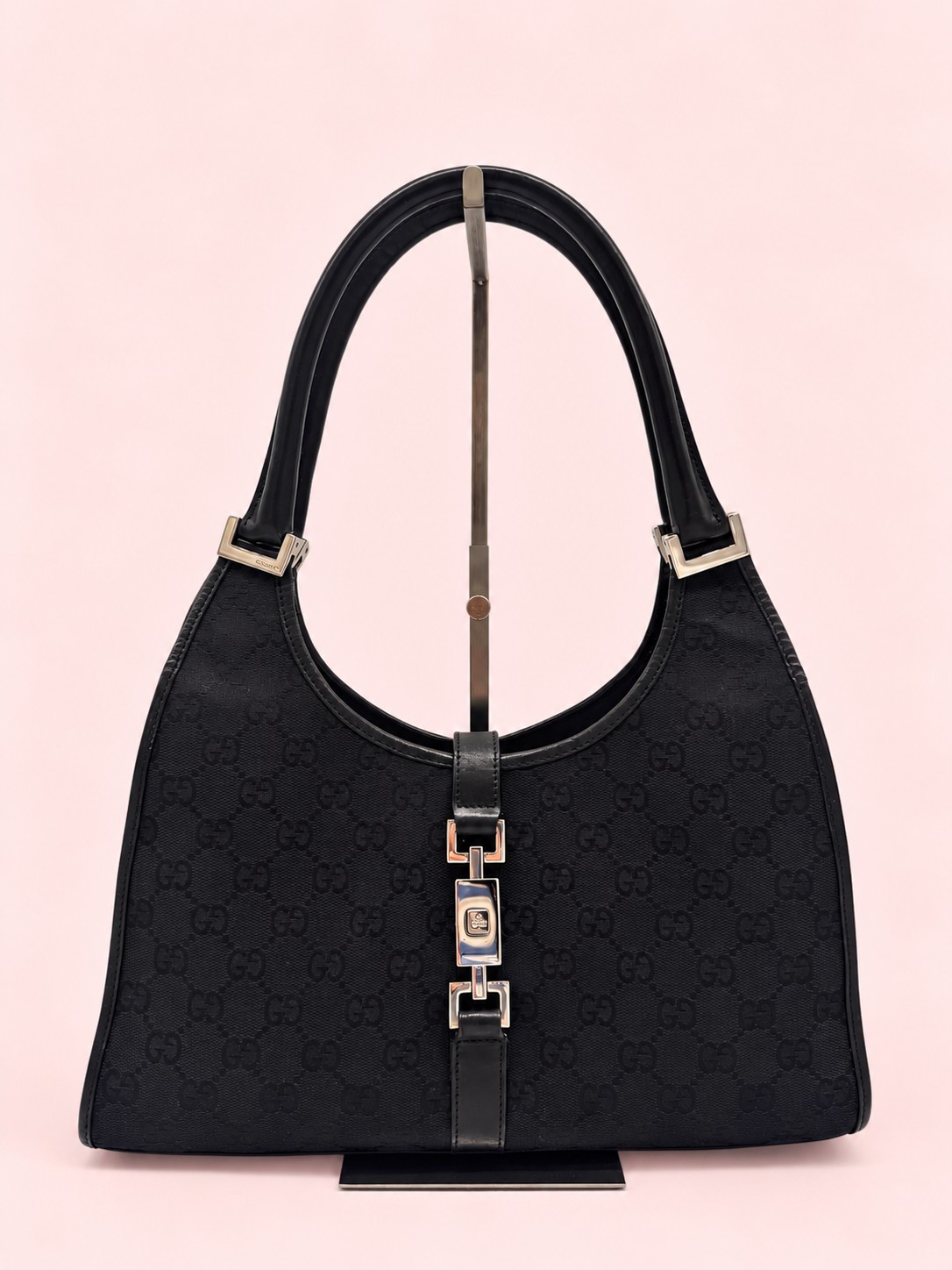 Gucci GG Canvas Jackie Bardot Black Monogram Shoulder Bag