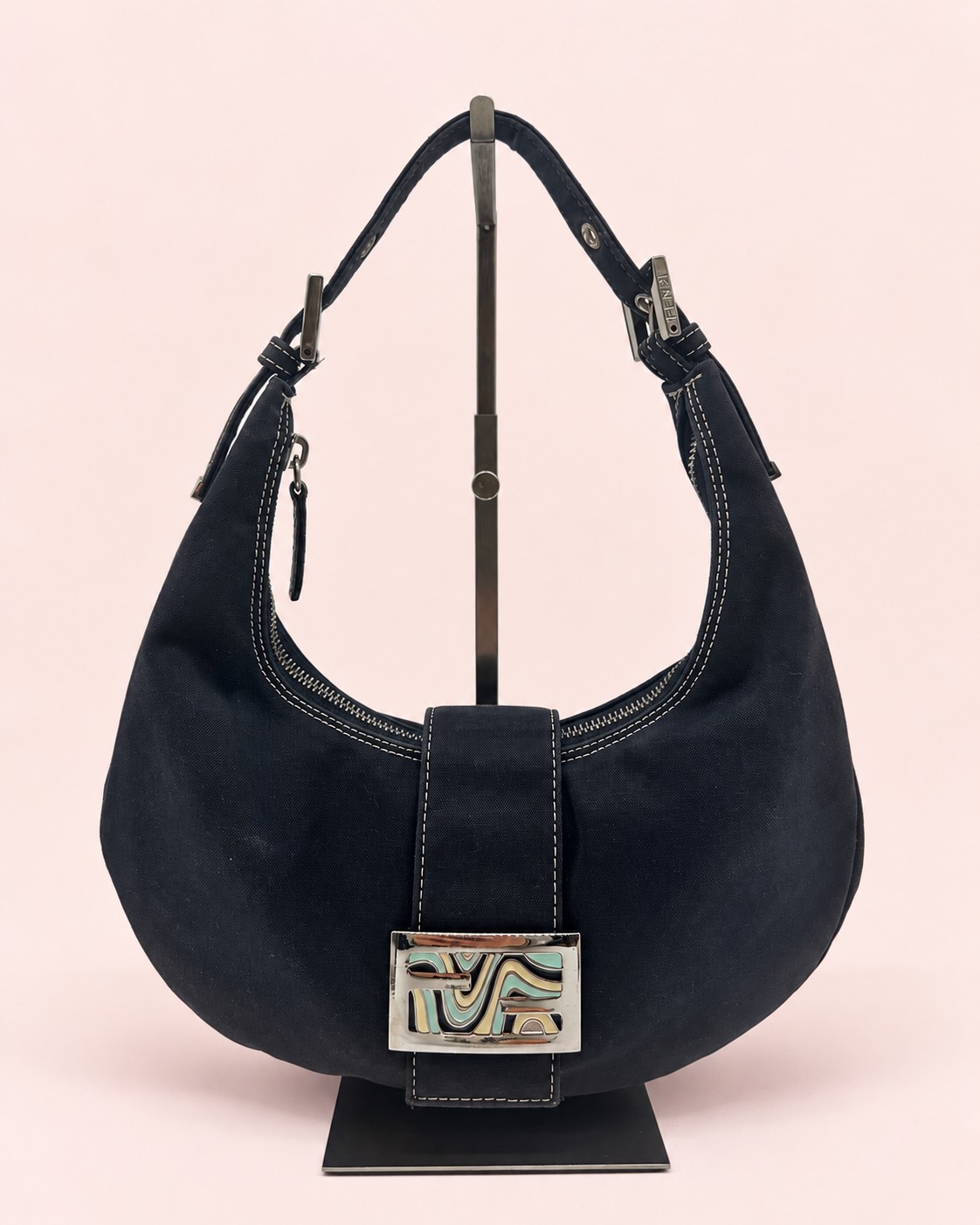Fendi Denim Swirl Half Moon Croissant Mamma Hobo Shoulder Bag