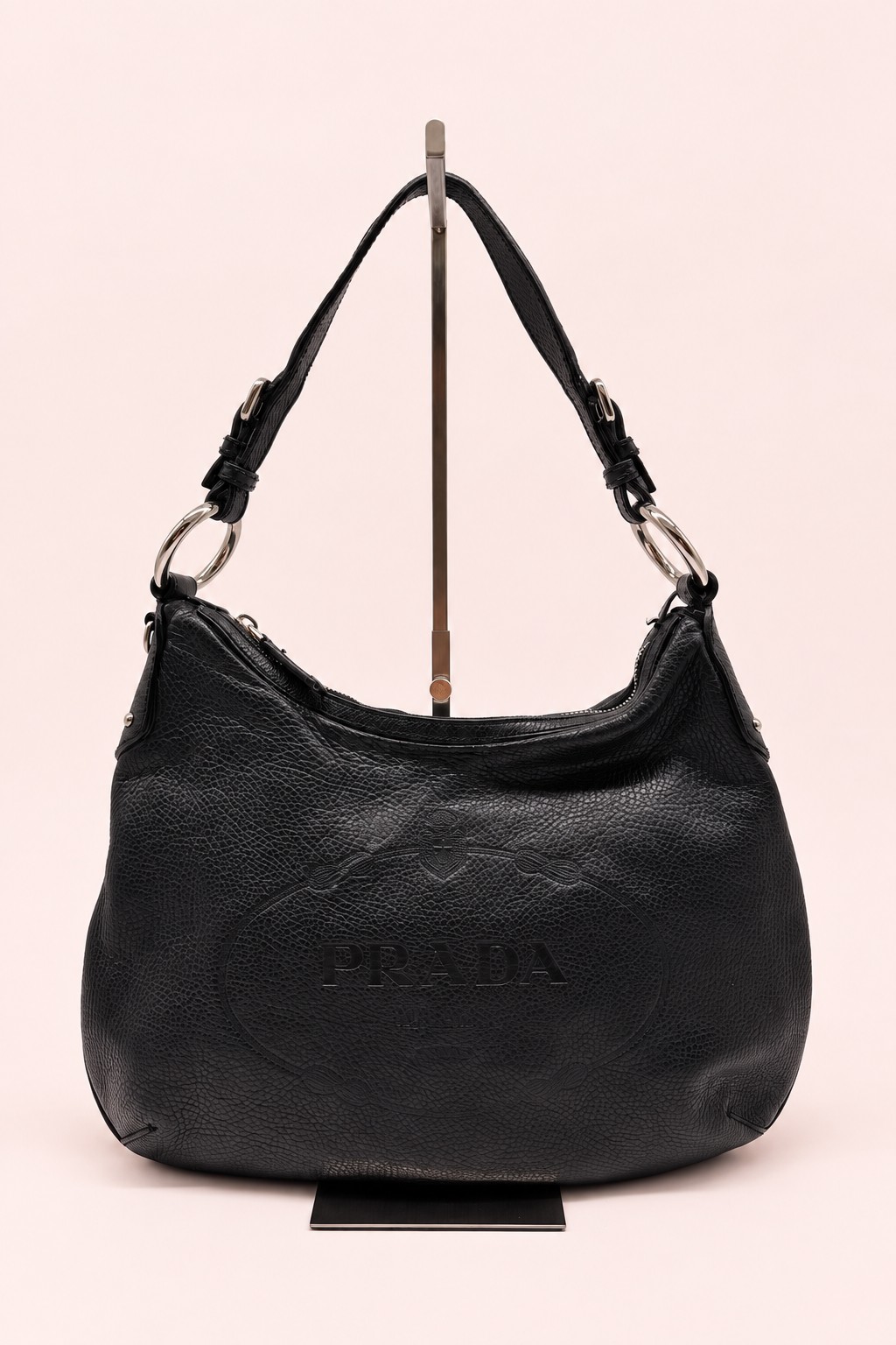 Prada Vitello Daino Black Leather Embossed Logo Hobo Shoulder Bag
