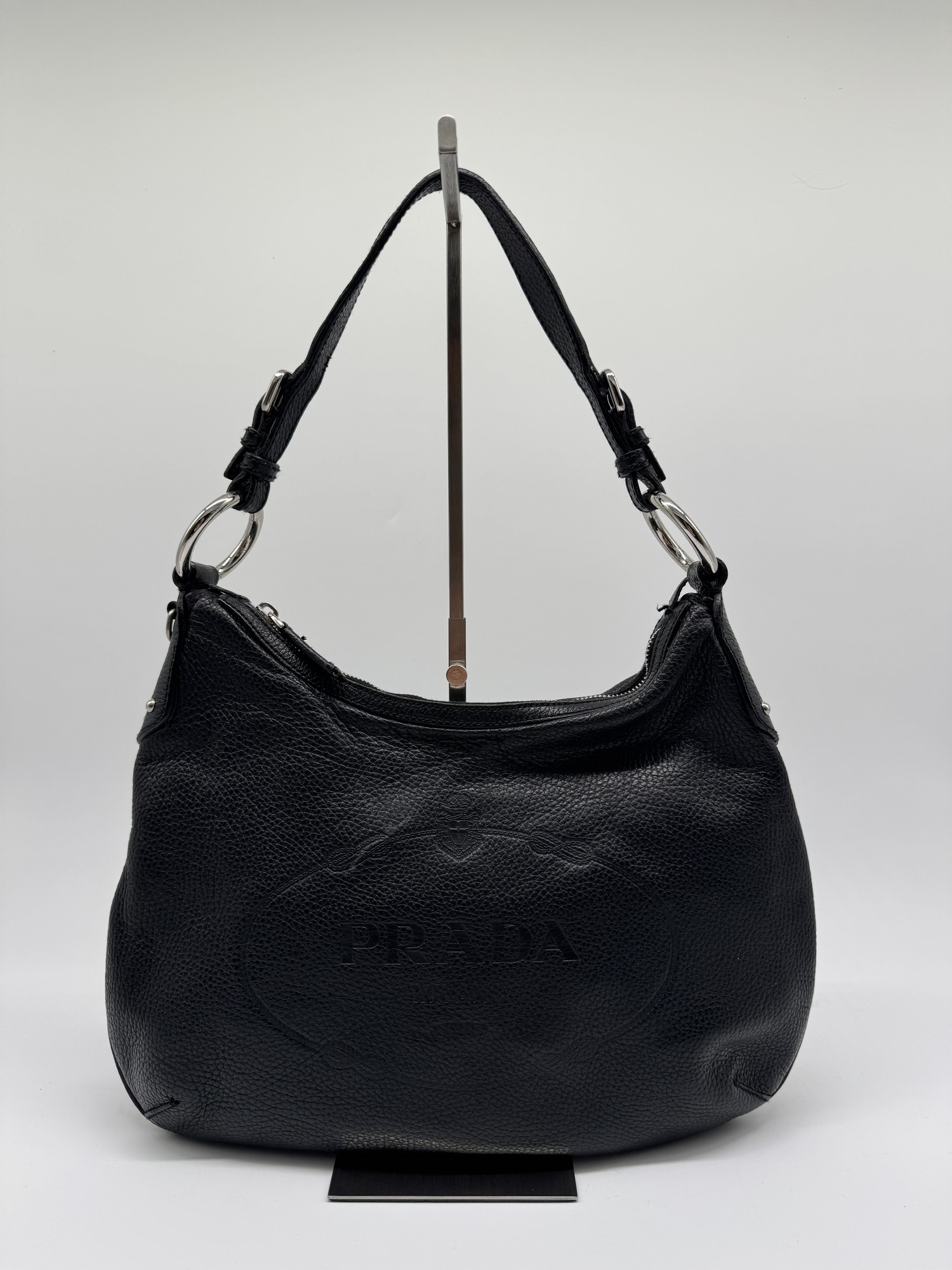 Prada Vitello Daino Black Leather Embossed Logo Hobo Shoulder Bag