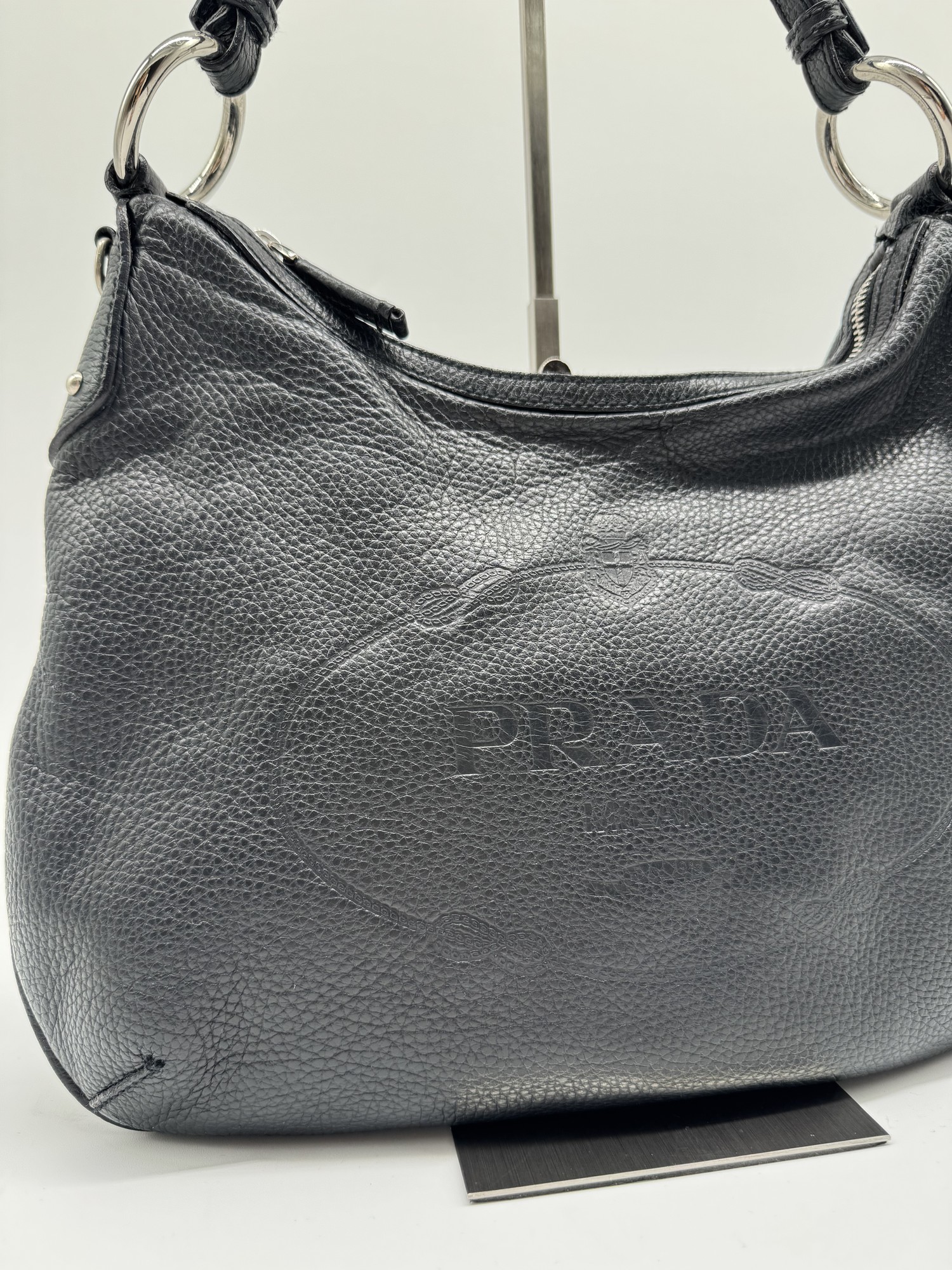 Prada Vitello Daino Black Leather Embossed Logo Hobo Shoulder Bag