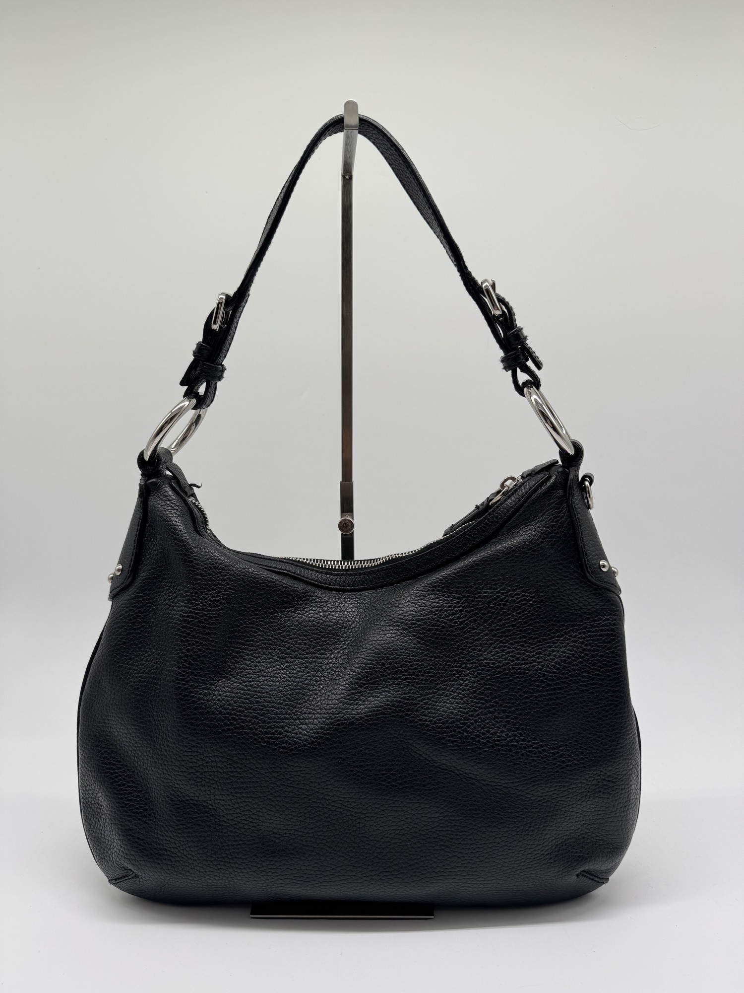 Prada Vitello Daino Black Leather Embossed Logo Hobo Shoulder Bag