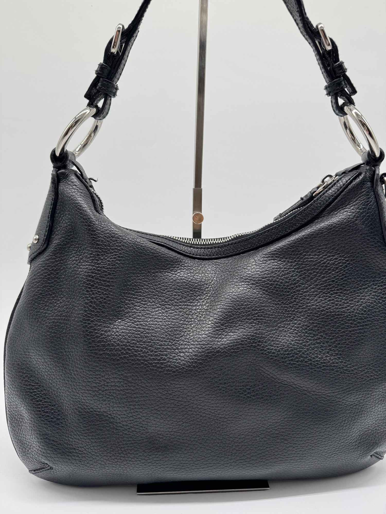 Prada Vitello Daino Black Leather Embossed Logo Hobo Shoulder Bag