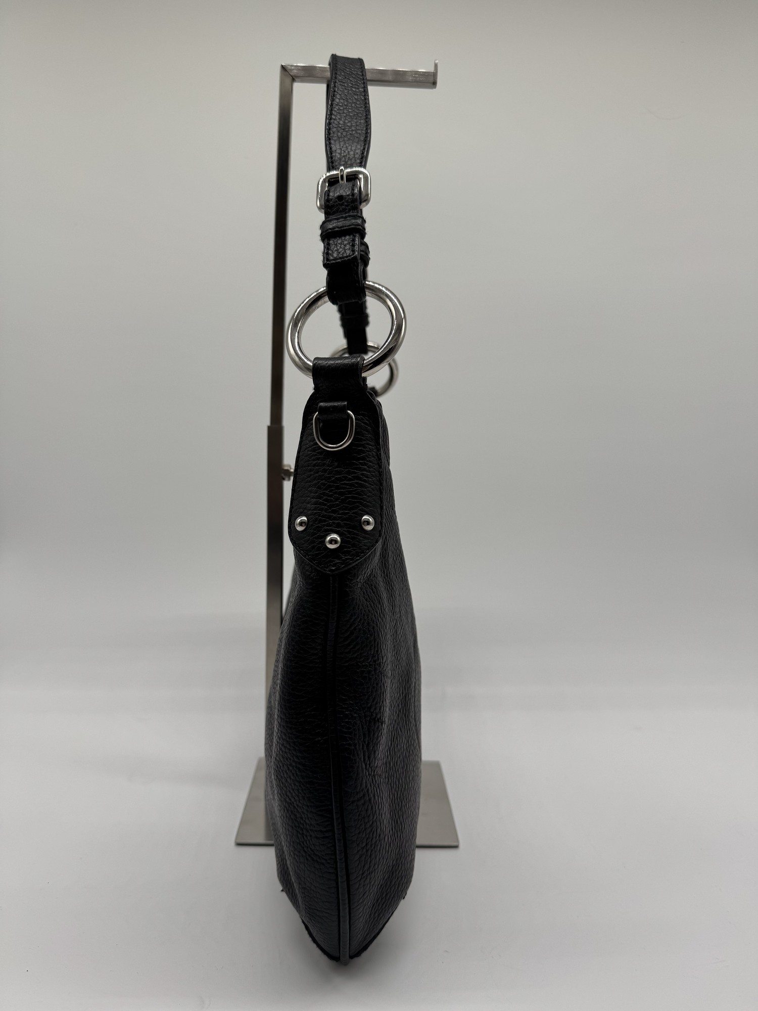 Prada Vitello Daino Black Leather Embossed Logo Hobo Shoulder Bag