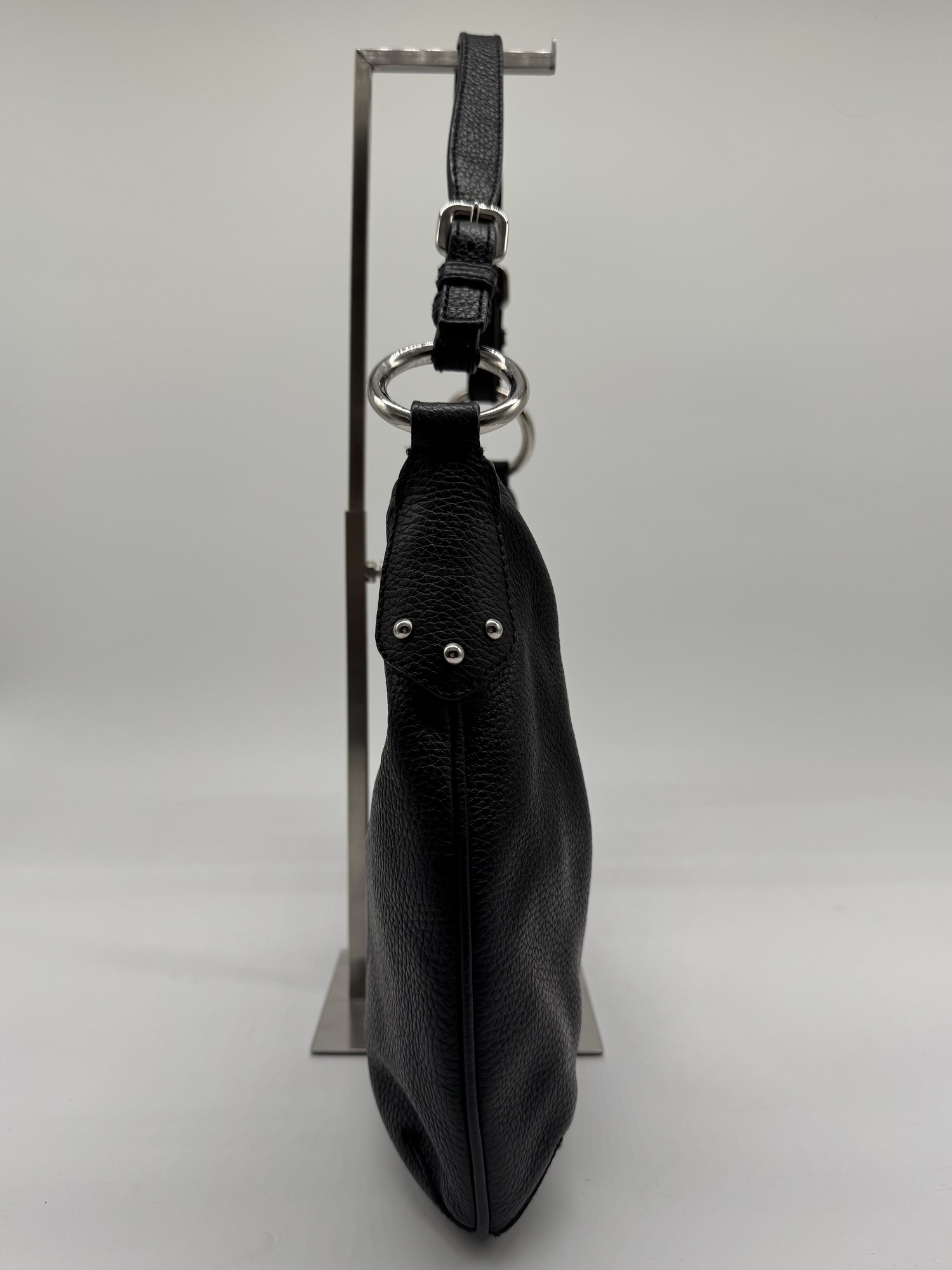 Prada Vitello Daino Black Leather Embossed Logo Hobo Shoulder Bag