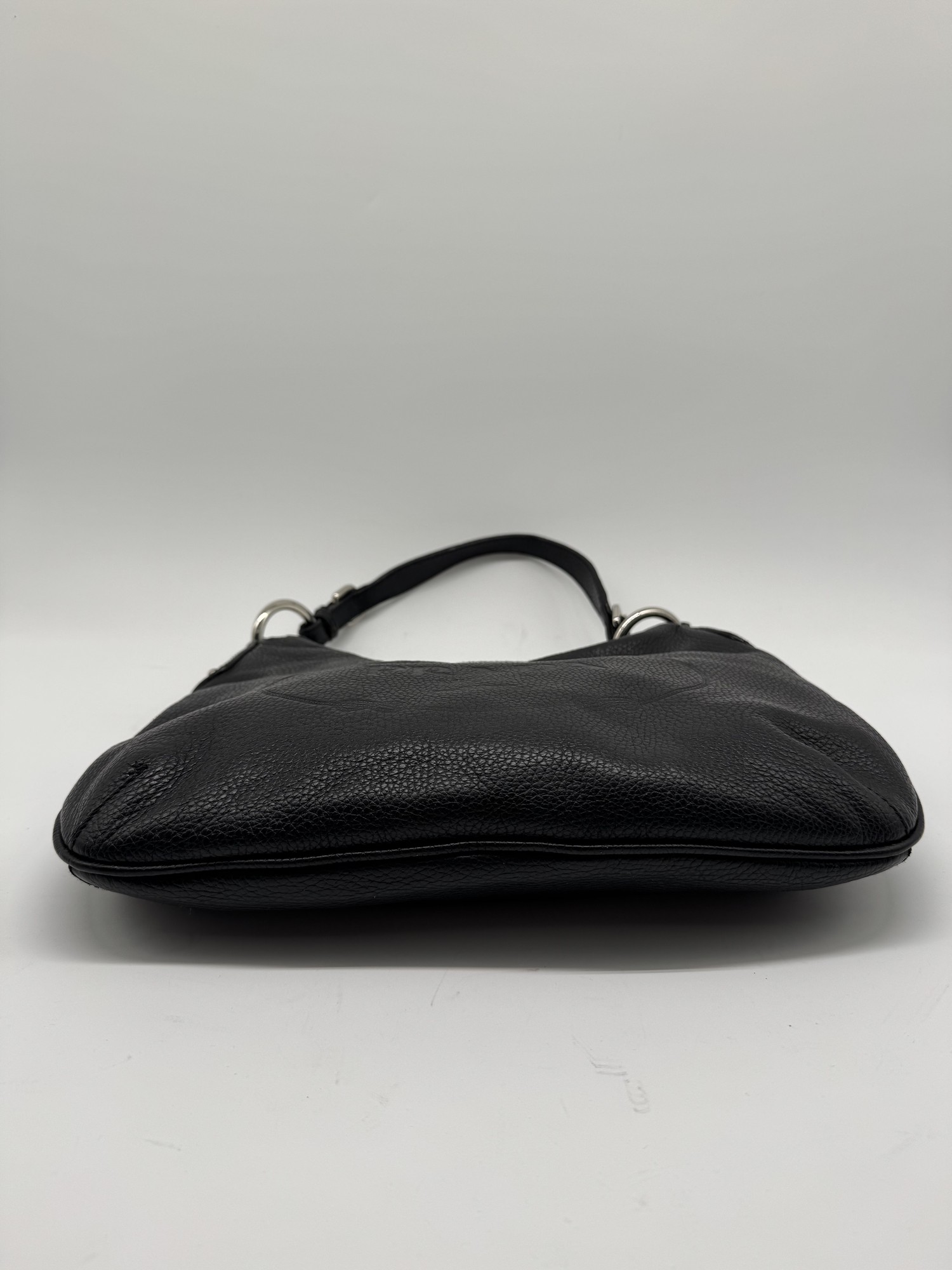 Prada Vitello Daino Black Leather Embossed Logo Hobo Shoulder Bag