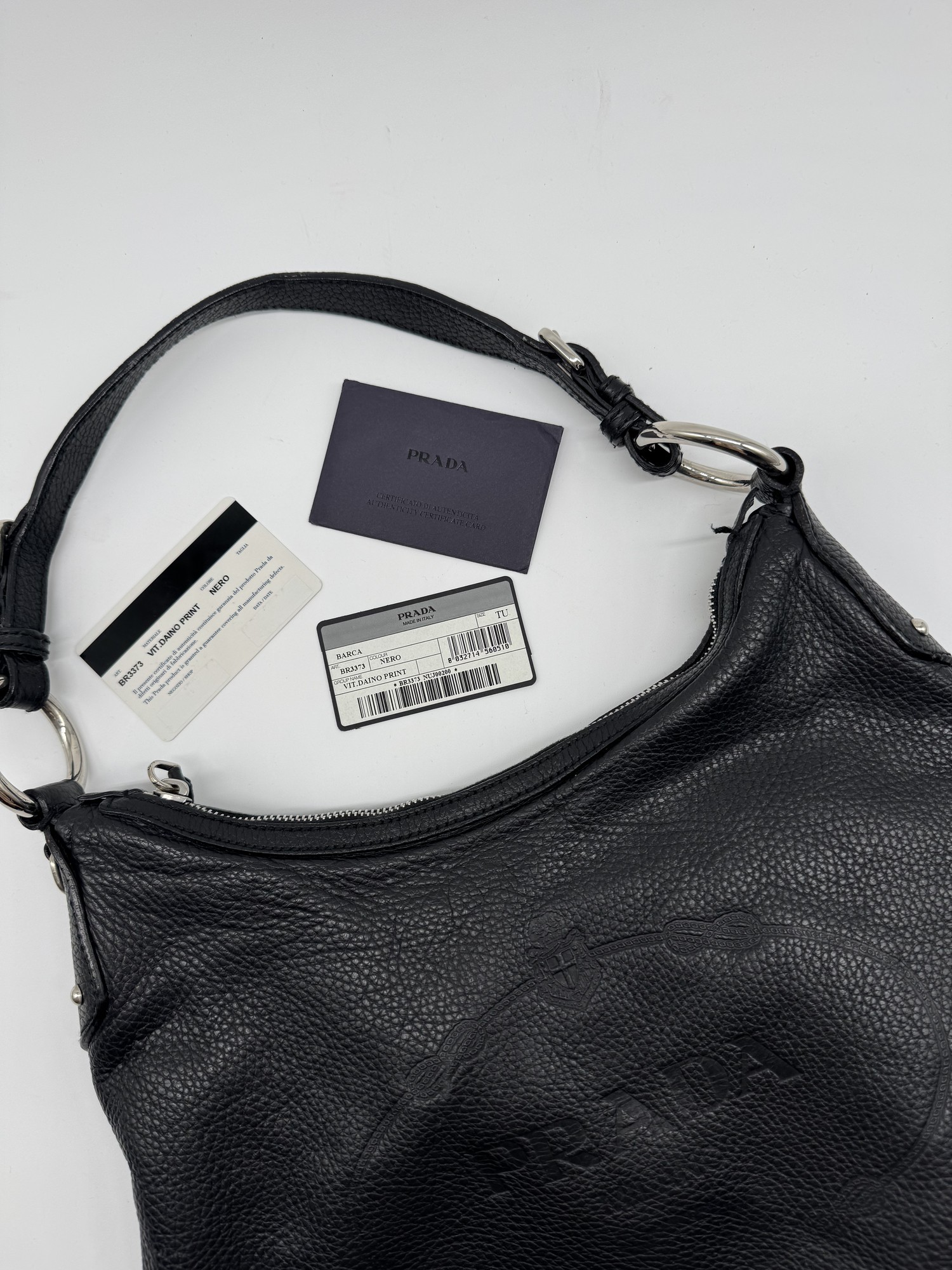 Prada Vitello Daino Black Leather Embossed Logo Hobo Shoulder Bag