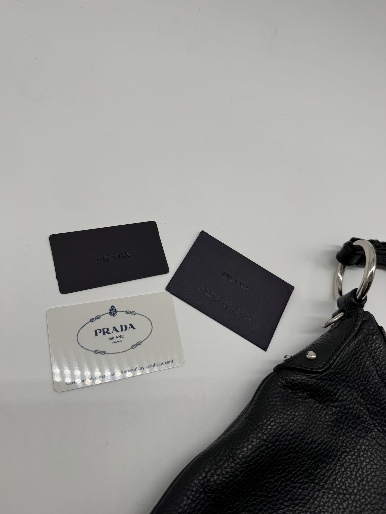 Prada Vitello Daino Black Leather Embossed Logo Hobo Shoulder Bag