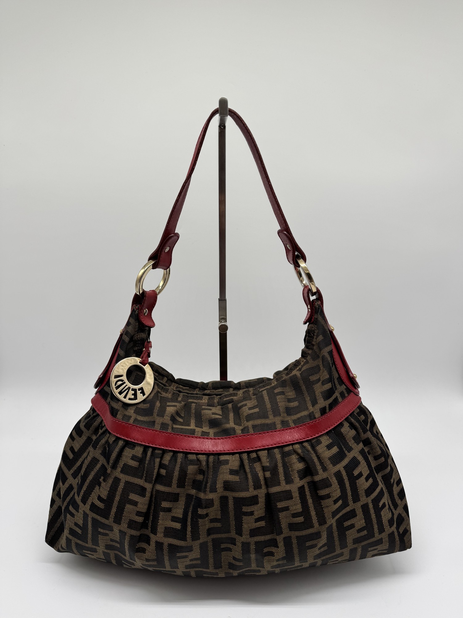 Fendi Chef Hobo Shoulder Bag Brown Zucca Red Leather