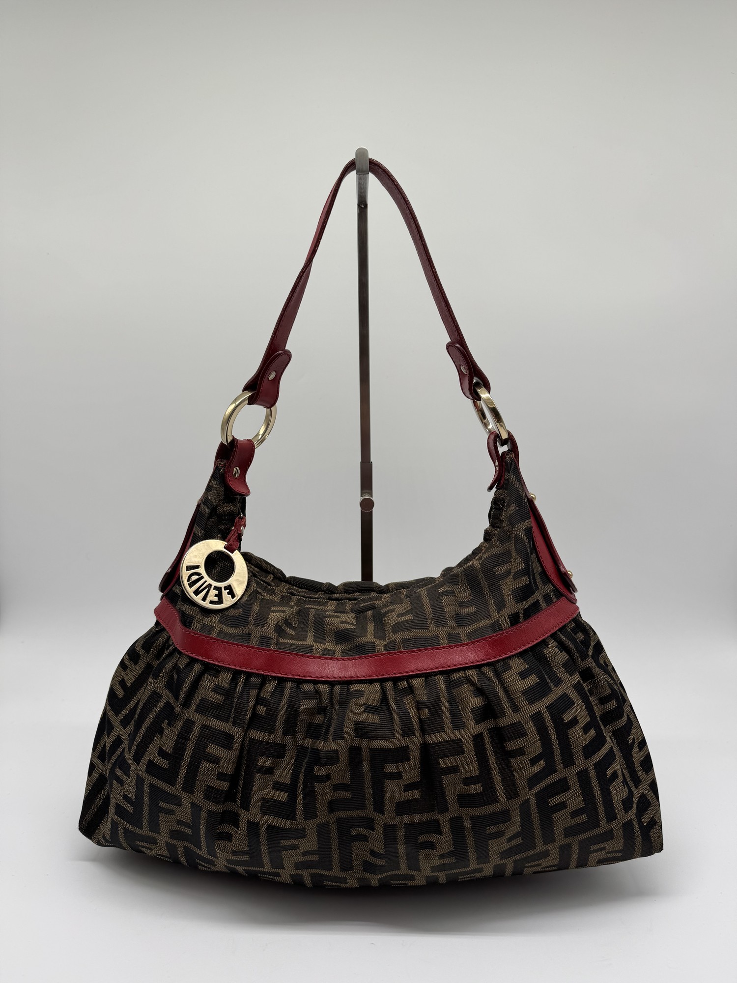 Fendi Chef Hobo Shoulder Bag Brown Zucca Red Leather