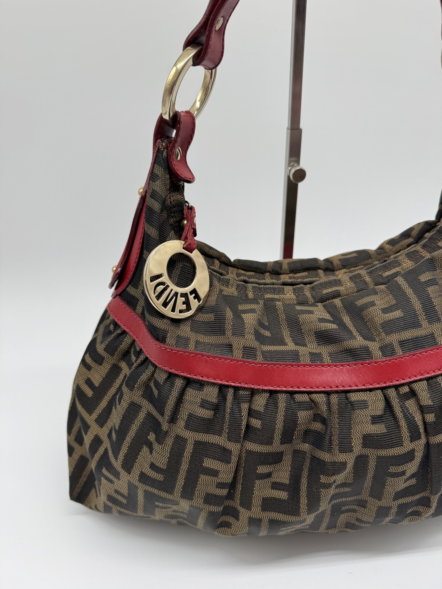 Fendi Chef Hobo Shoulder Bag Brown Zucca Red Leather