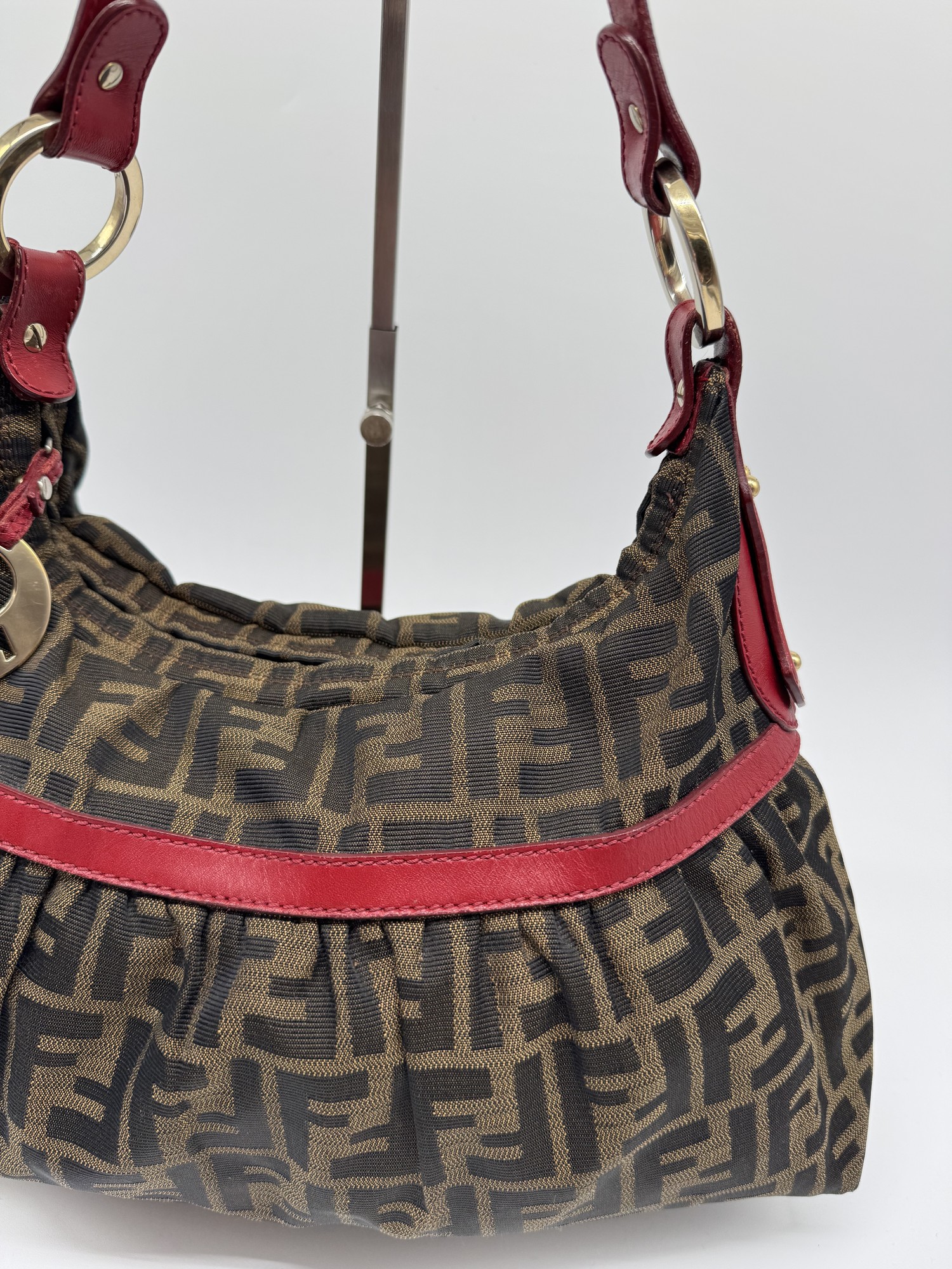 Fendi Chef Hobo Shoulder Bag Brown Zucca Red Leather