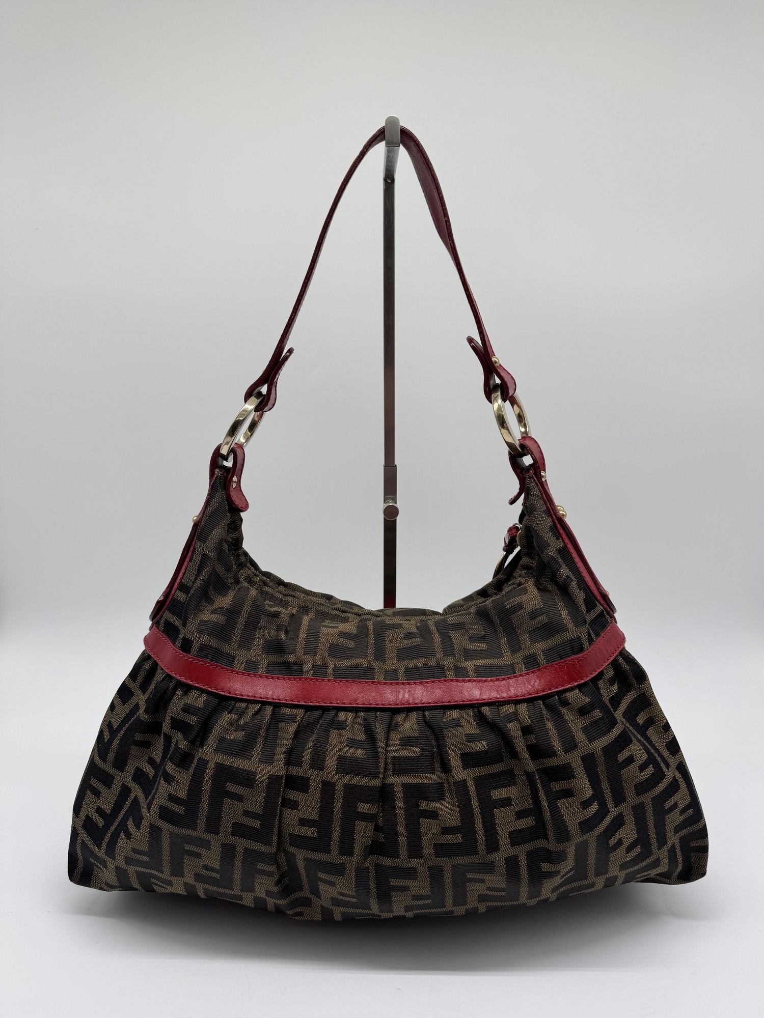 Fendi Chef Hobo Shoulder Bag Brown Zucca Red Leather