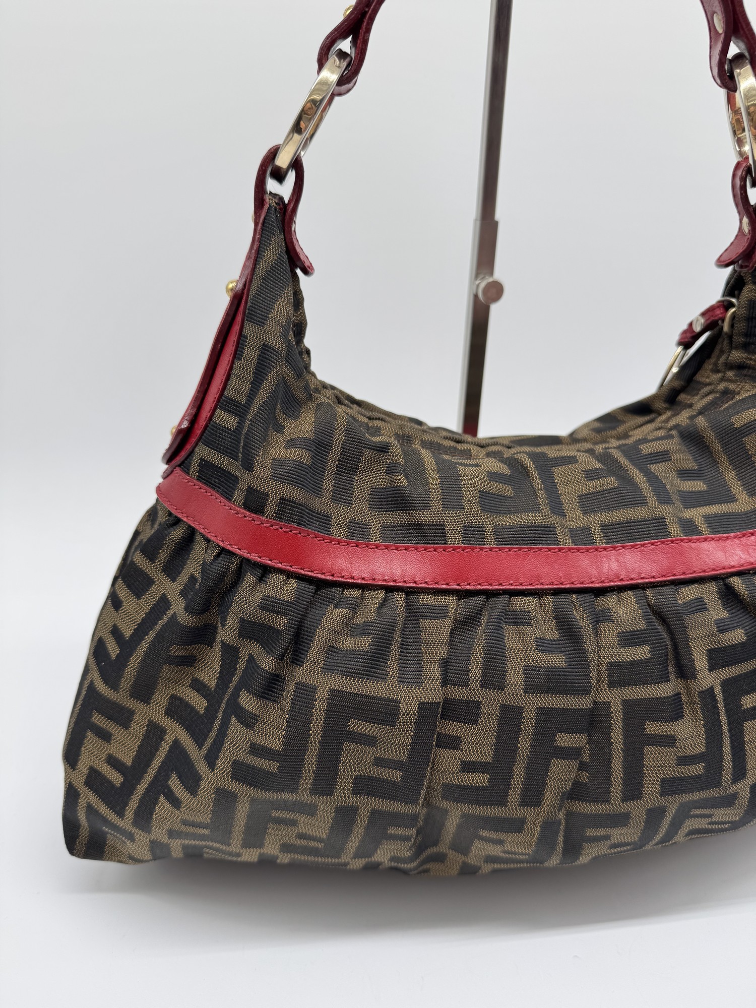 Fendi Chef Hobo Shoulder Bag Brown Zucca Red Leather