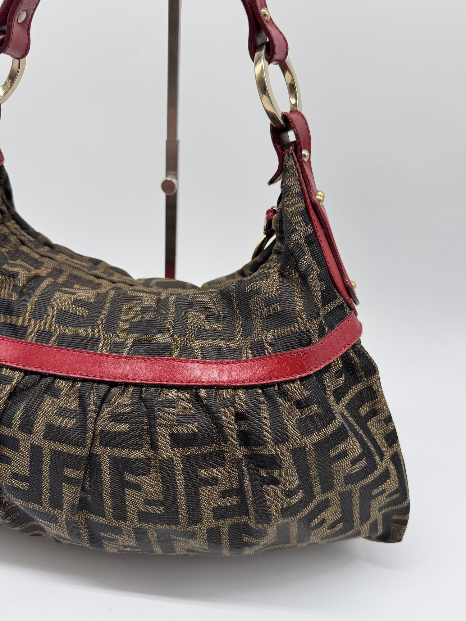 Fendi Chef Hobo Shoulder Bag Brown Zucca Red Leather