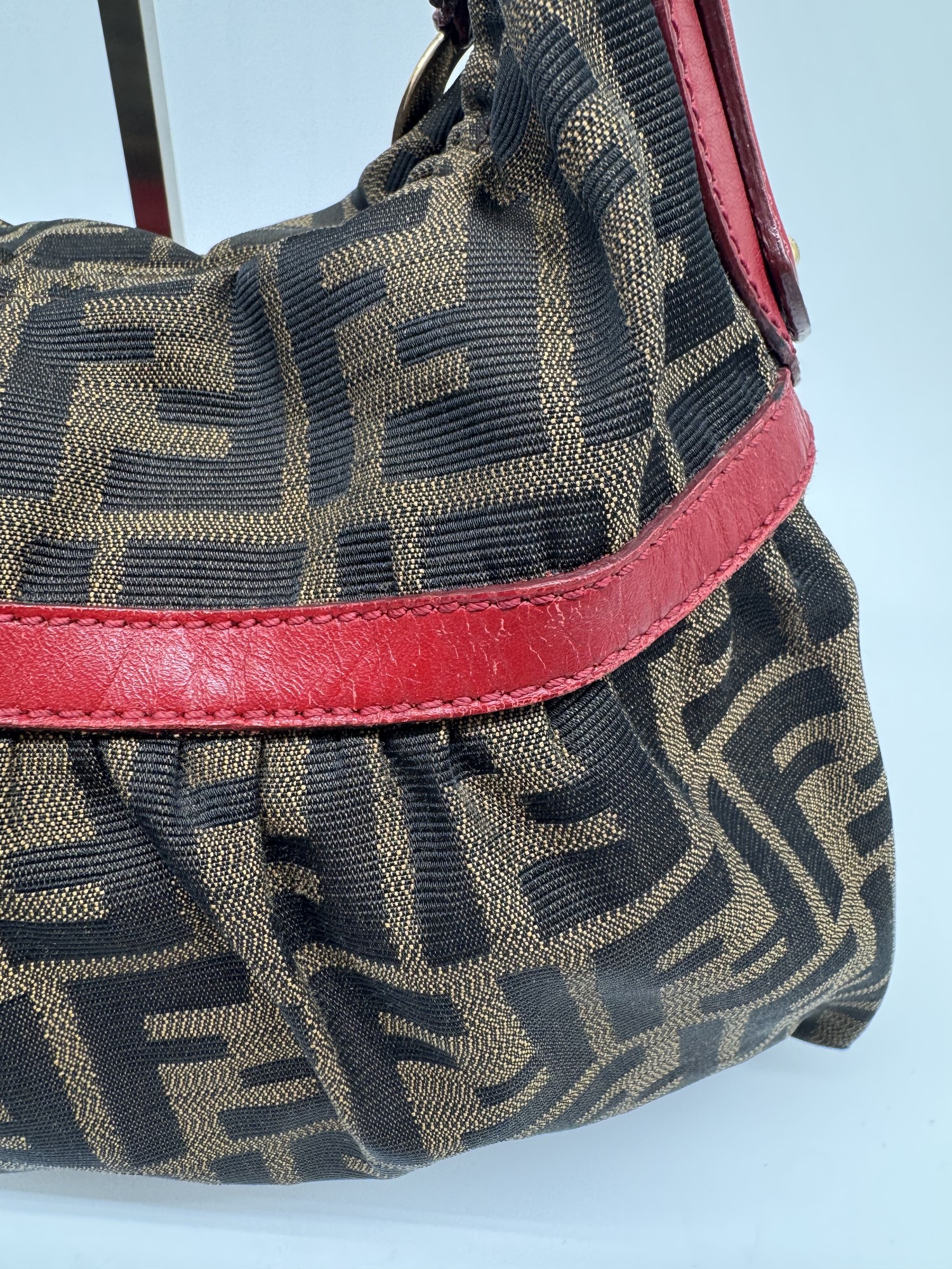 Fendi Chef Hobo Shoulder Bag Brown Zucca Red Leather