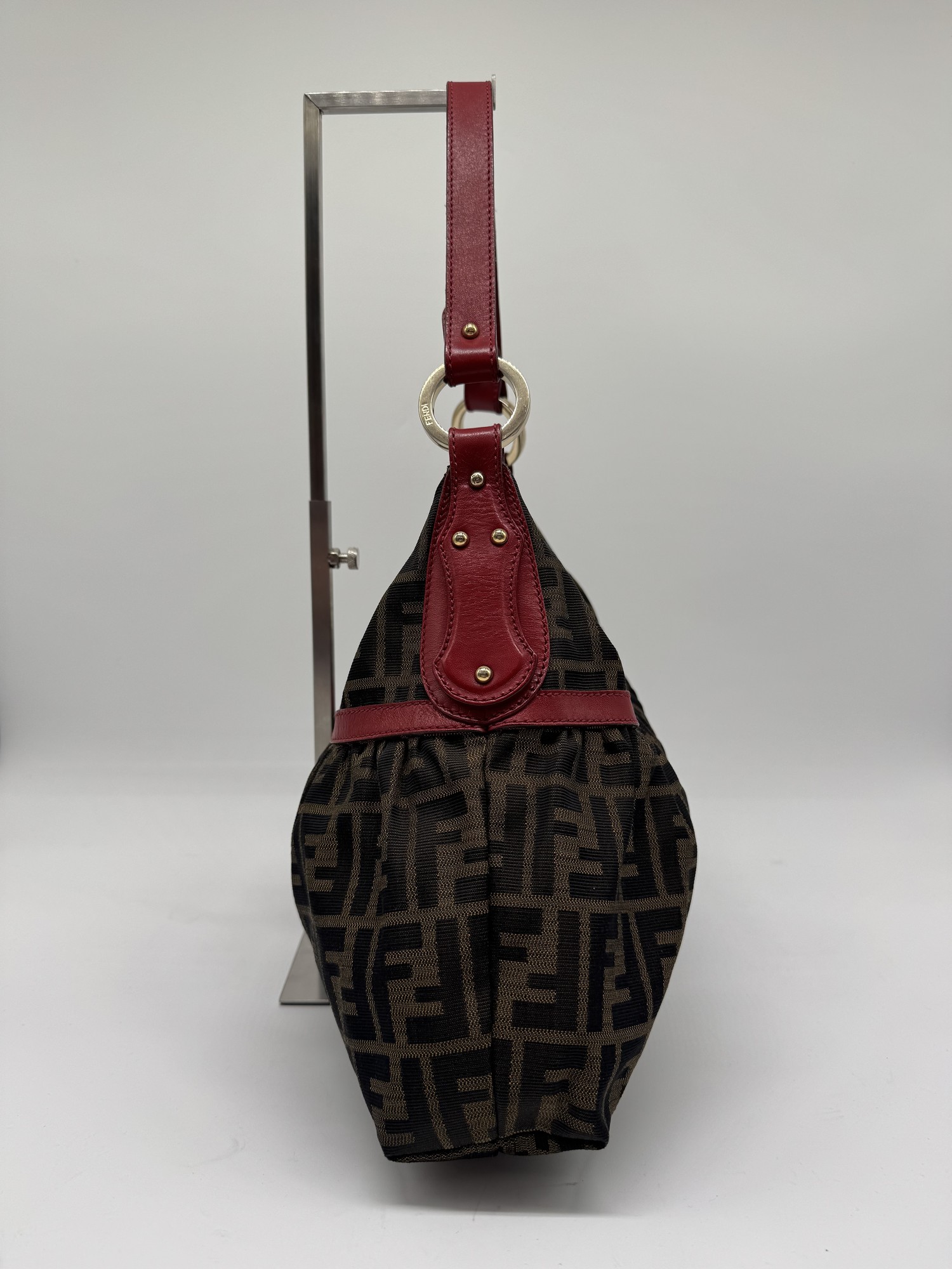 Fendi Chef Hobo Shoulder Bag Brown Zucca Red Leather