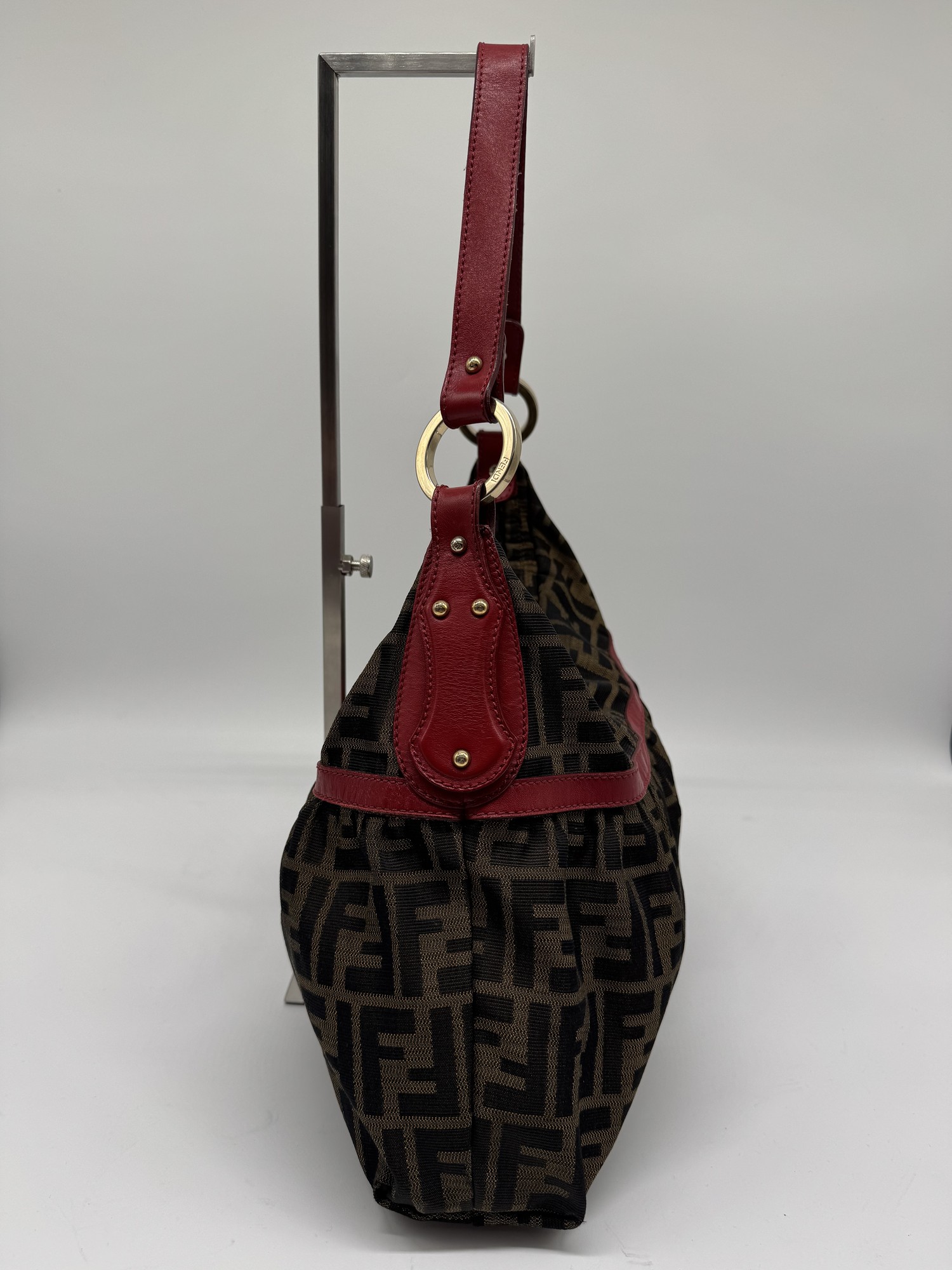 Fendi Chef Hobo Shoulder Bag Brown Zucca Red Leather