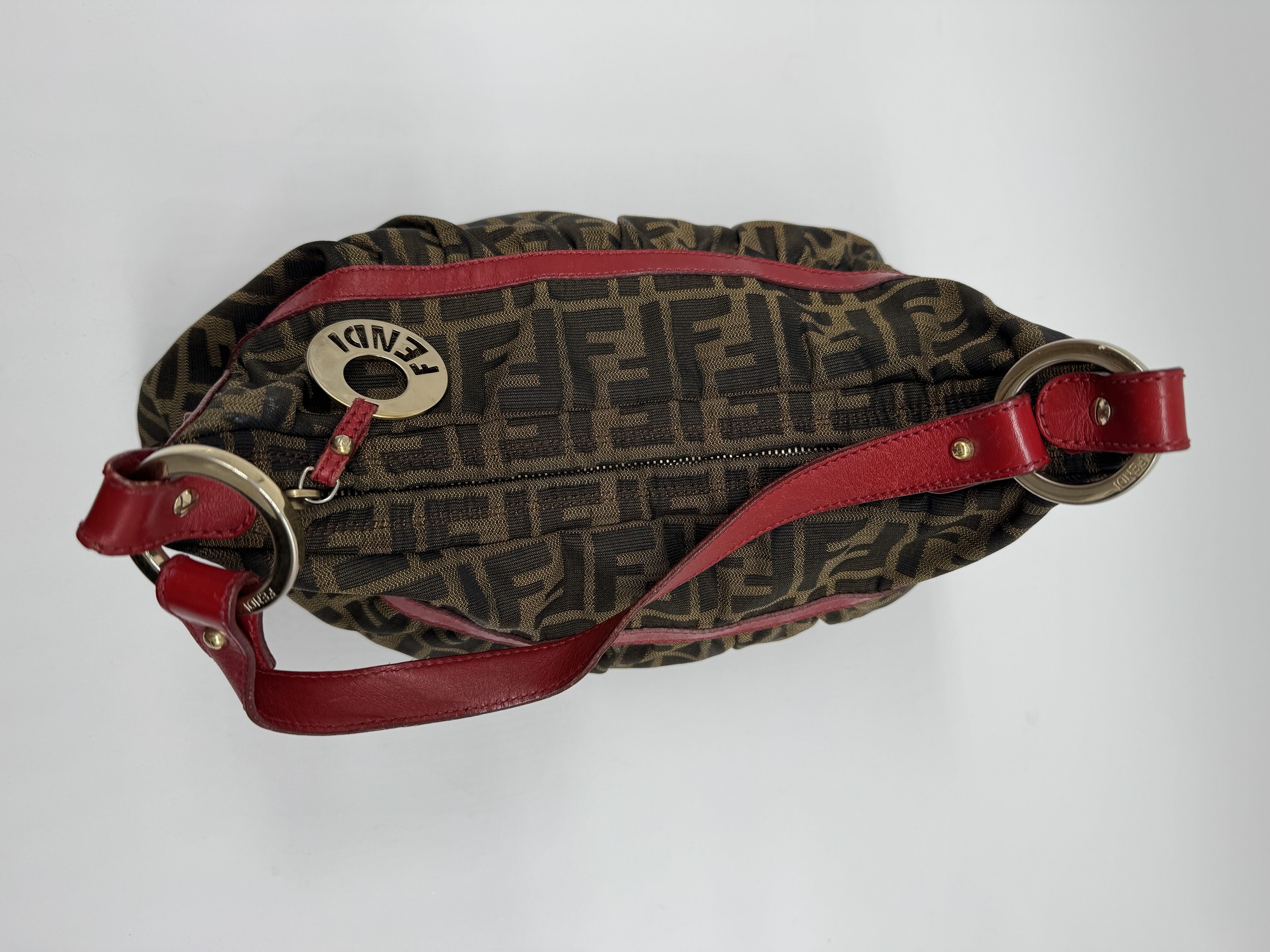 Fendi Chef Hobo Shoulder Bag Brown Zucca Red Leather