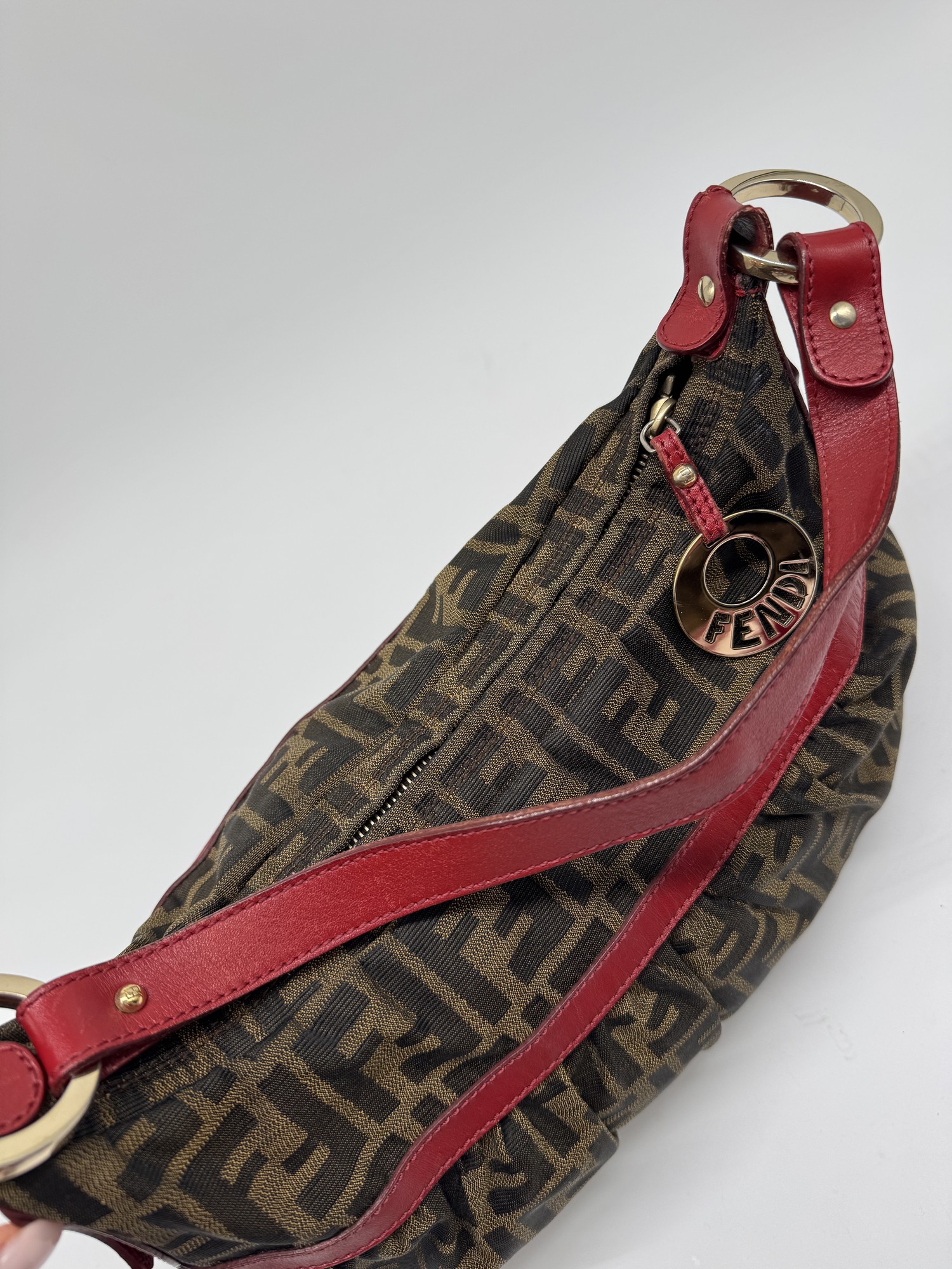 Fendi Chef Hobo Shoulder Bag Brown Zucca Red Leather
