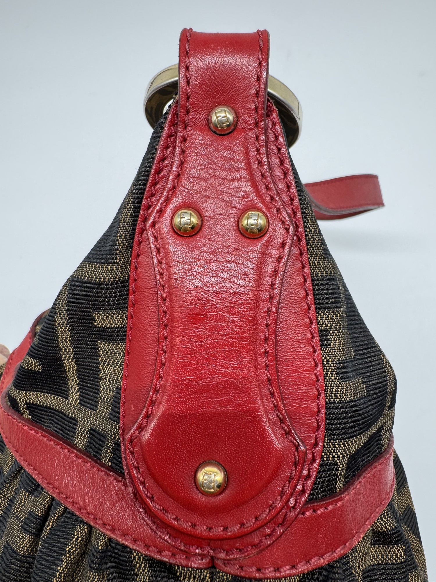 Fendi Chef Hobo Shoulder Bag Brown Zucca Red Leather