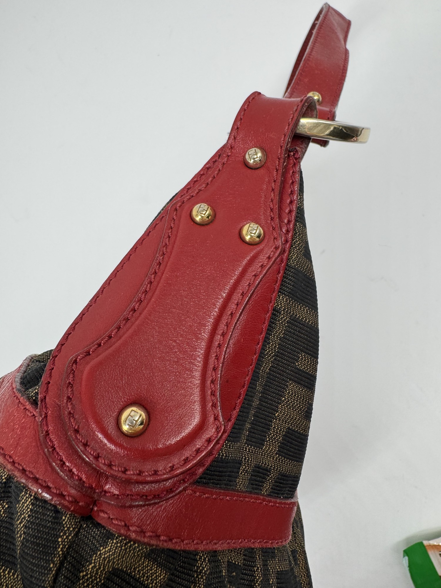 Fendi Chef Hobo Shoulder Bag Brown Zucca Red Leather