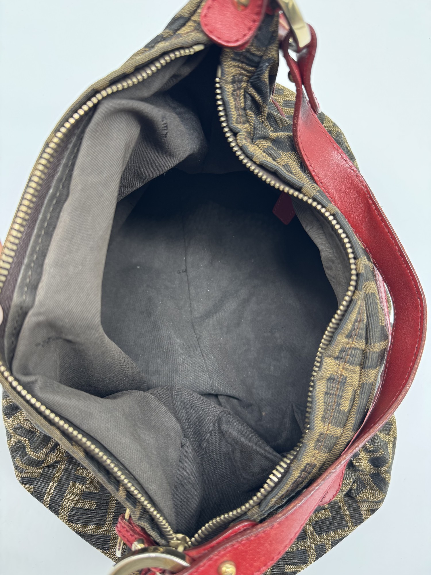 Fendi Chef Hobo Shoulder Bag Brown Zucca Red Leather