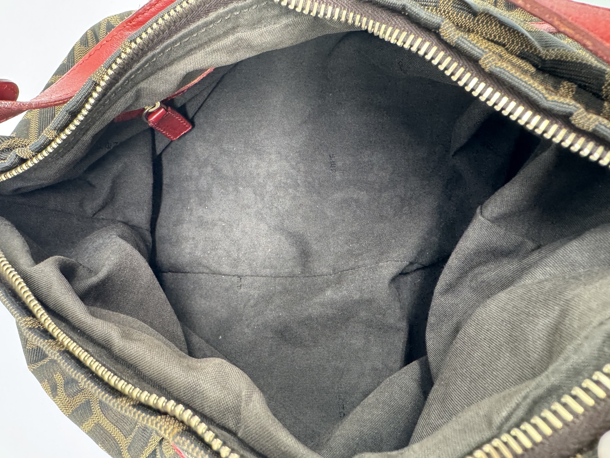 Fendi Chef Hobo Shoulder Bag Brown Zucca Red Leather
