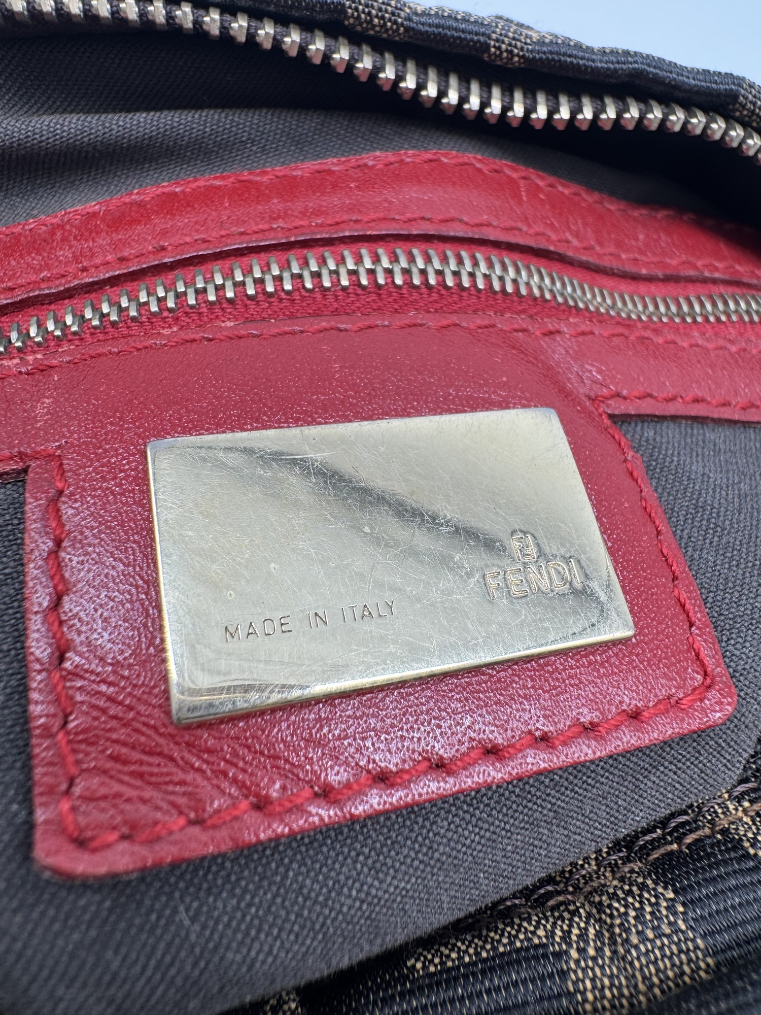 Fendi Chef Hobo Shoulder Bag Brown Zucca Red Leather