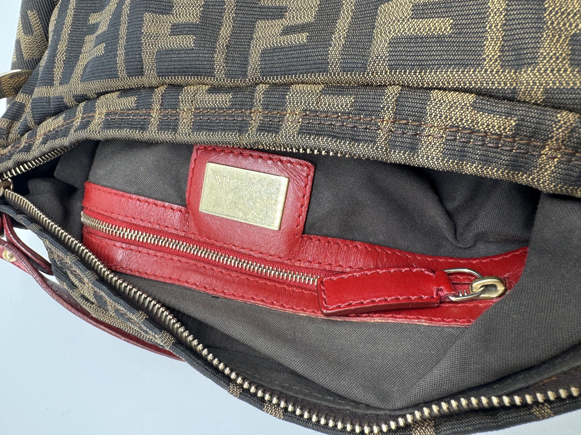 Fendi Chef Hobo Shoulder Bag Brown Zucca Red Leather