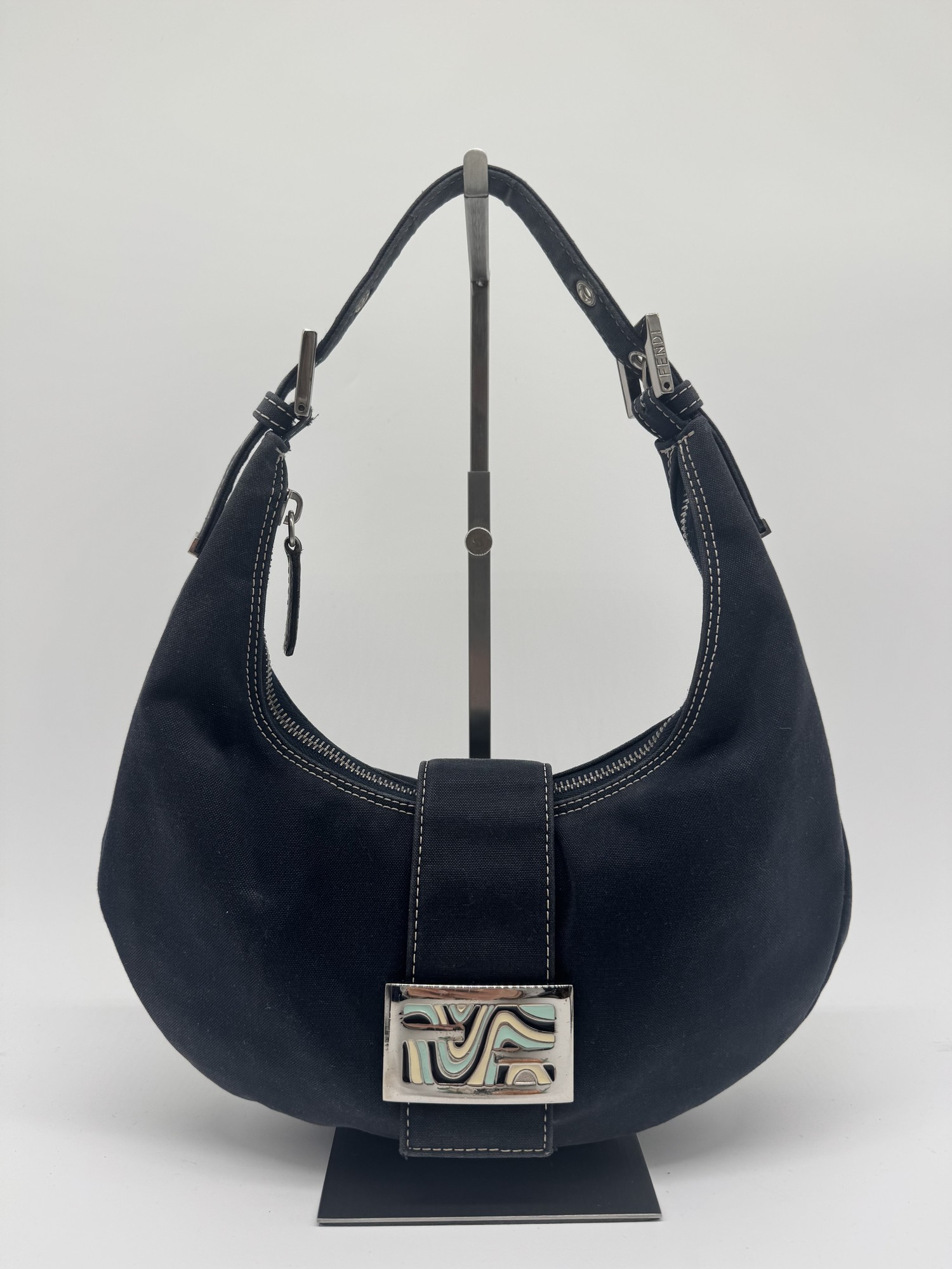 Fendi Denim Swirl Half Moon Croissant Mamma Hobo Shoulder Bag