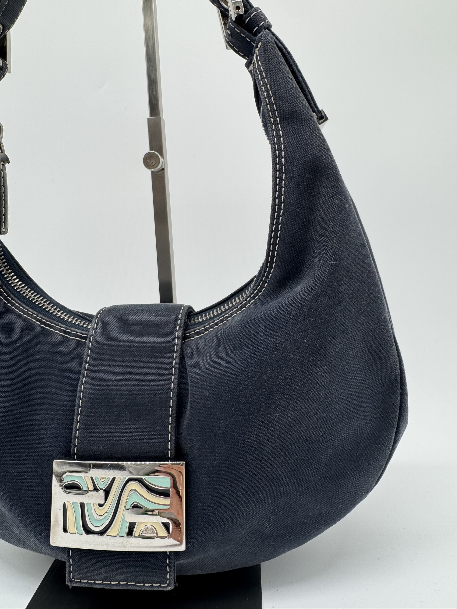 Fendi Denim Swirl Half Moon Croissant Mamma Hobo Shoulder Bag