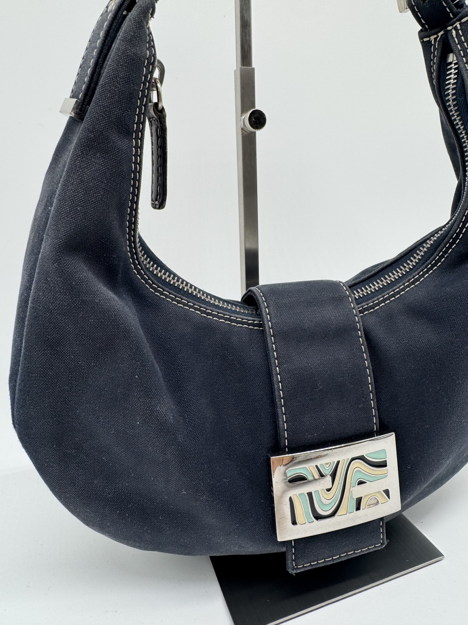 Fendi Denim Swirl Half Moon Croissant Mamma Hobo Shoulder Bag