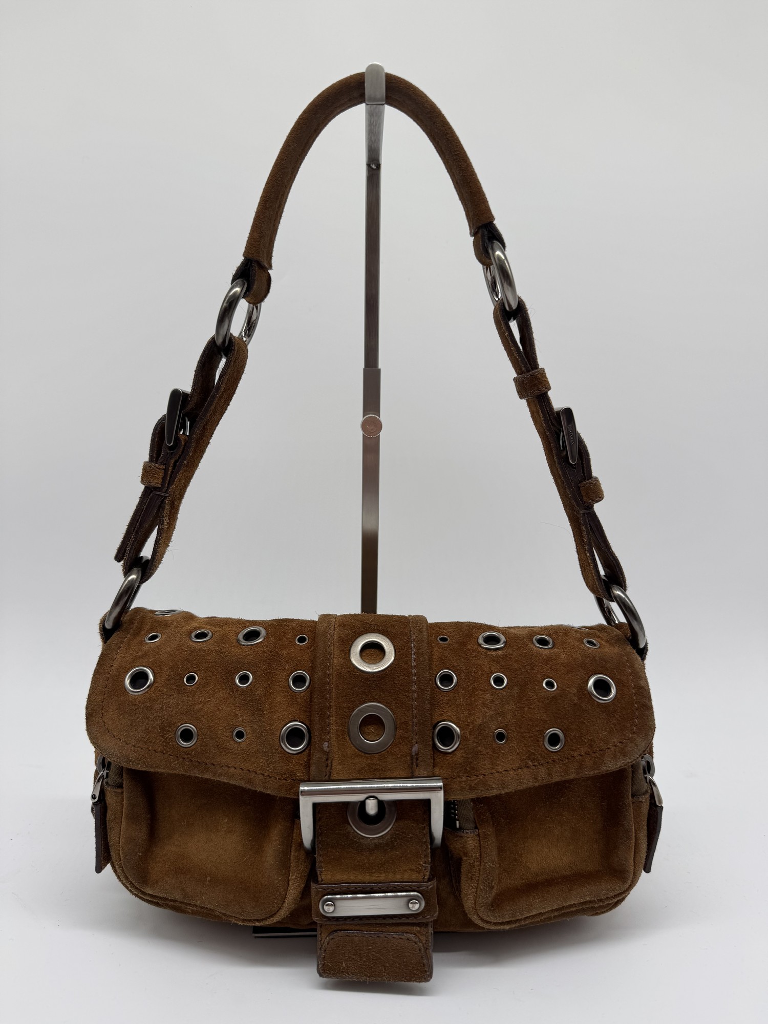 Prada Brown Suede Grommet Buckle Shoulder Bag