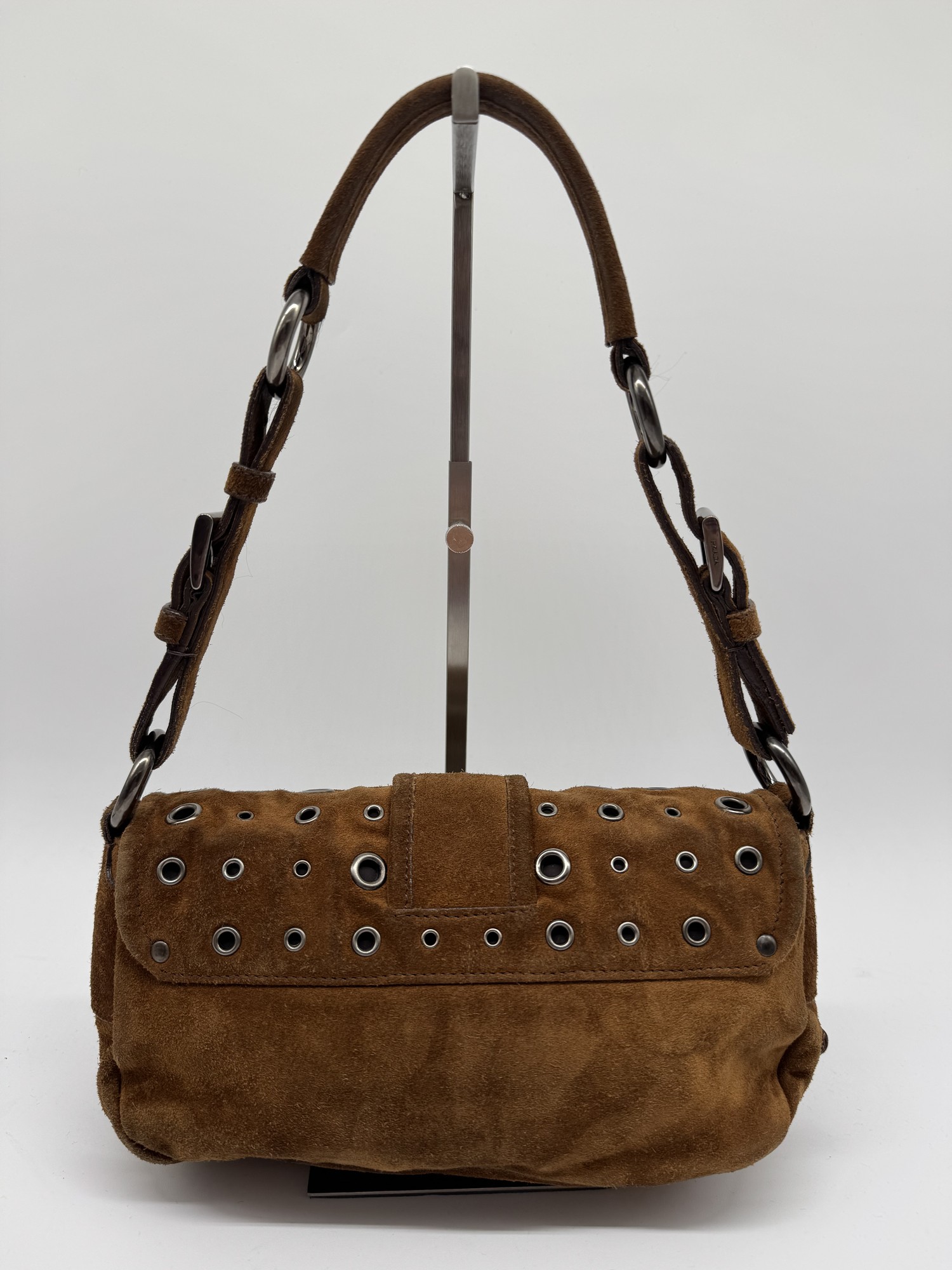 Prada Brown Suede Grommet Buckle Shoulder Bag