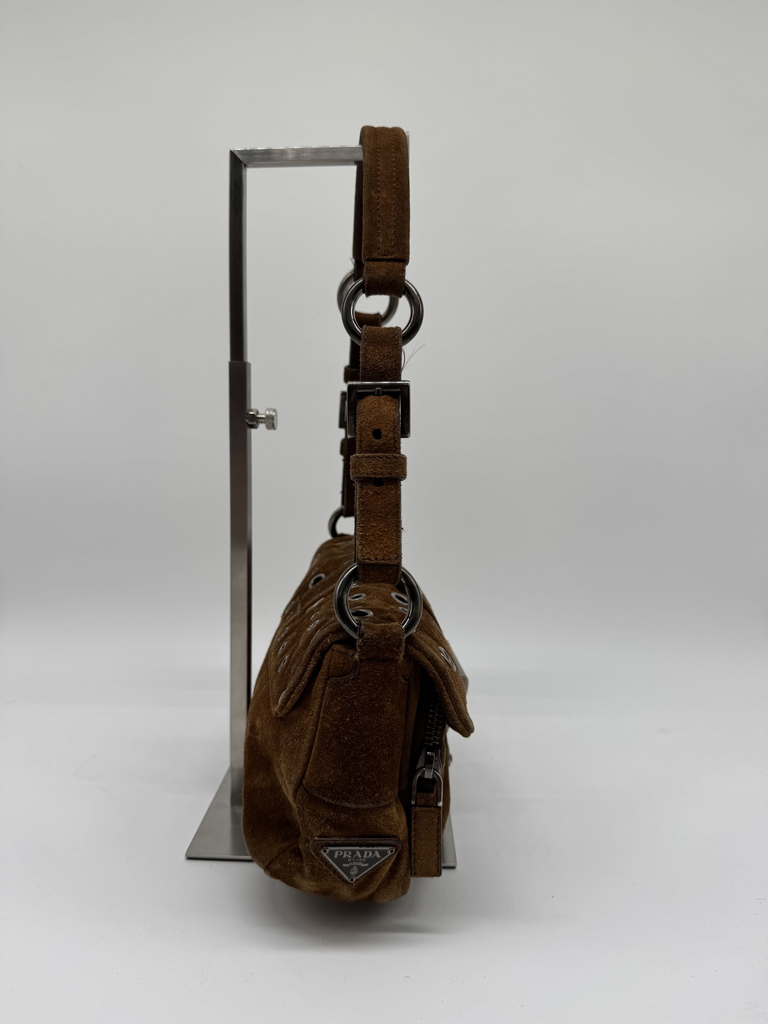 Prada Brown Suede Grommet Buckle Shoulder Bag