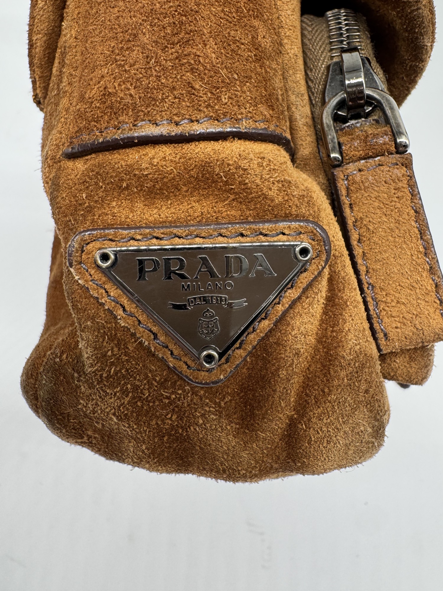 Prada Brown Suede Grommet Buckle Shoulder Bag