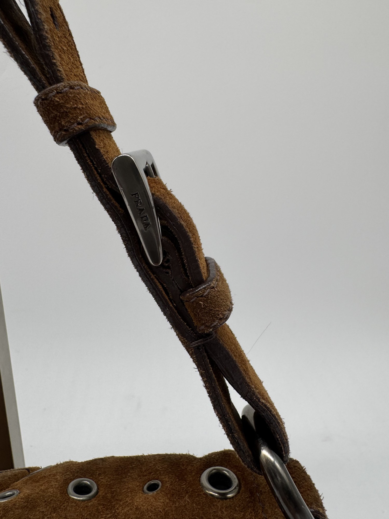 Prada Brown Suede Grommet Buckle Shoulder Bag
