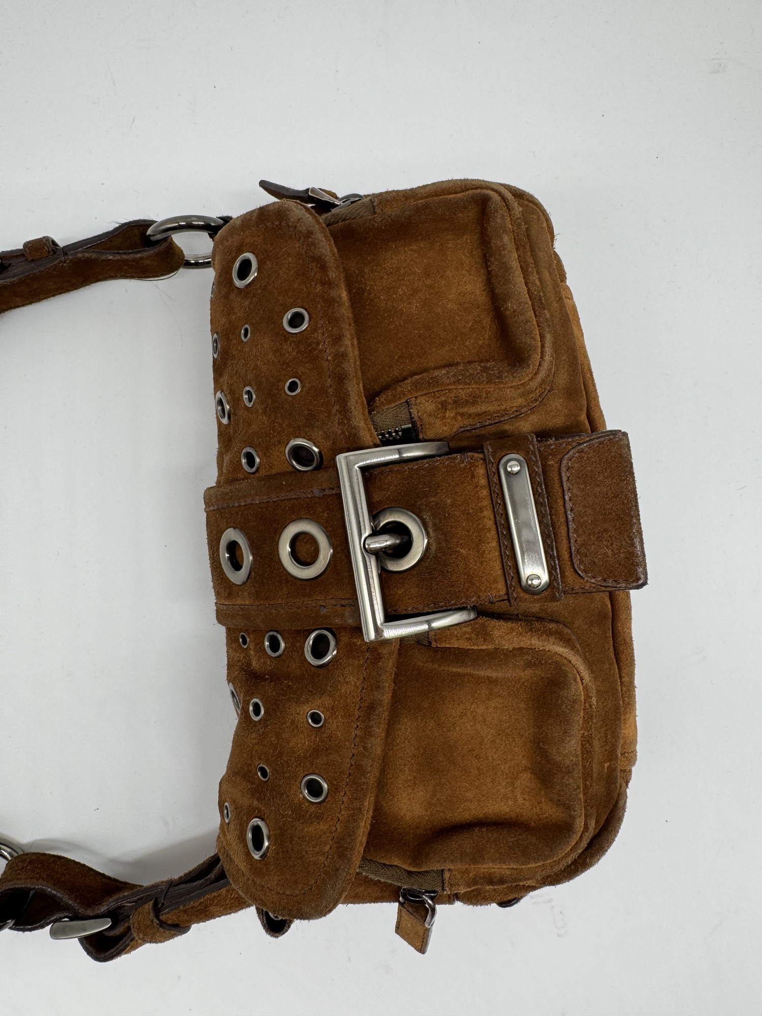 Prada Brown Suede Grommet Buckle Shoulder Bag
