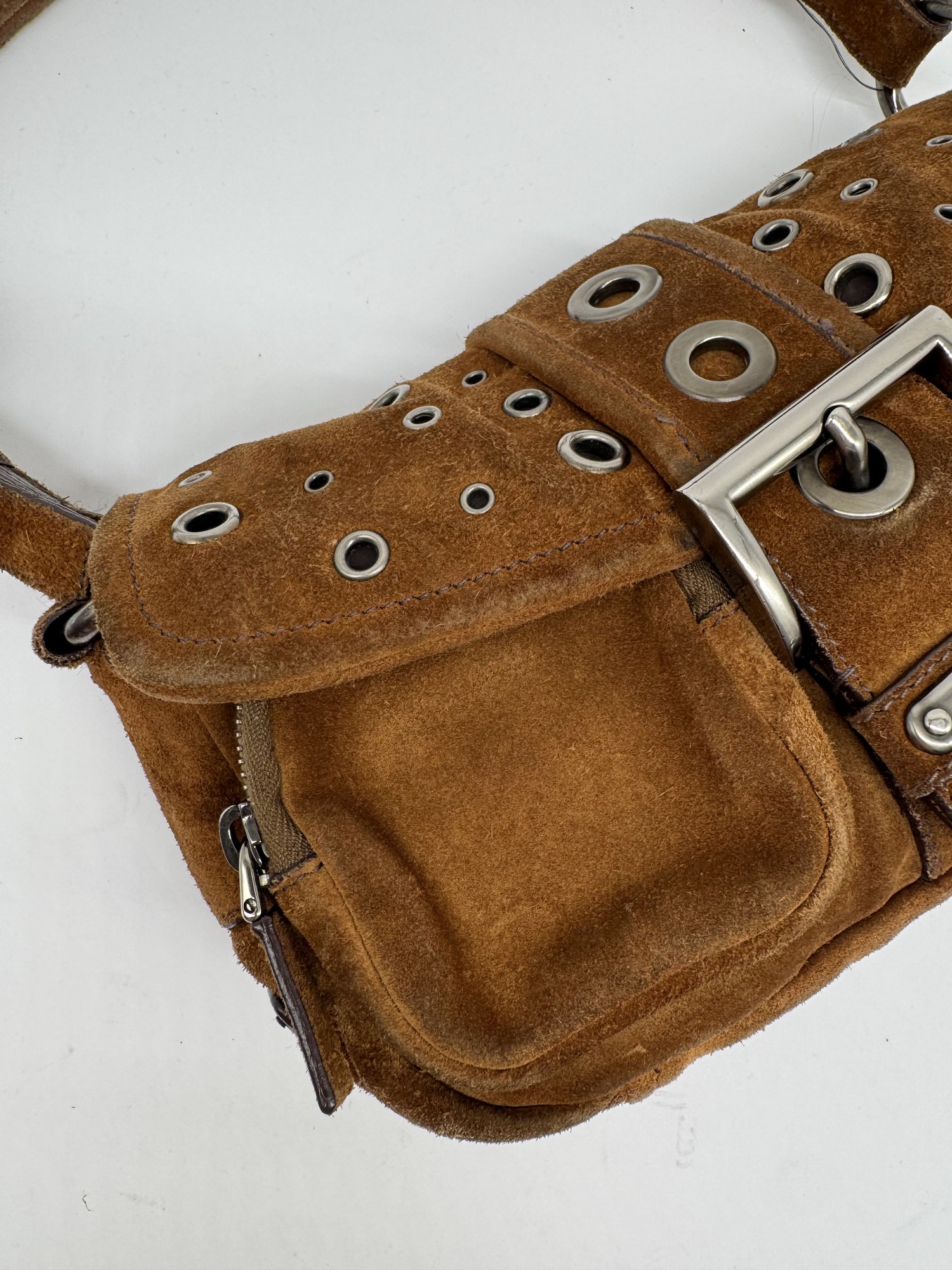 Prada Brown Suede Grommet Buckle Shoulder Bag