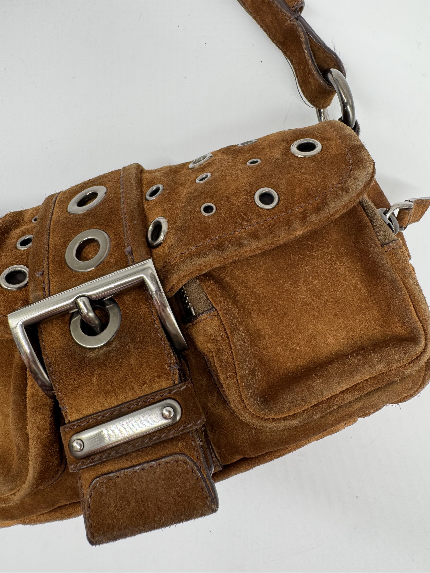 Prada Brown Suede Grommet Buckle Shoulder Bag