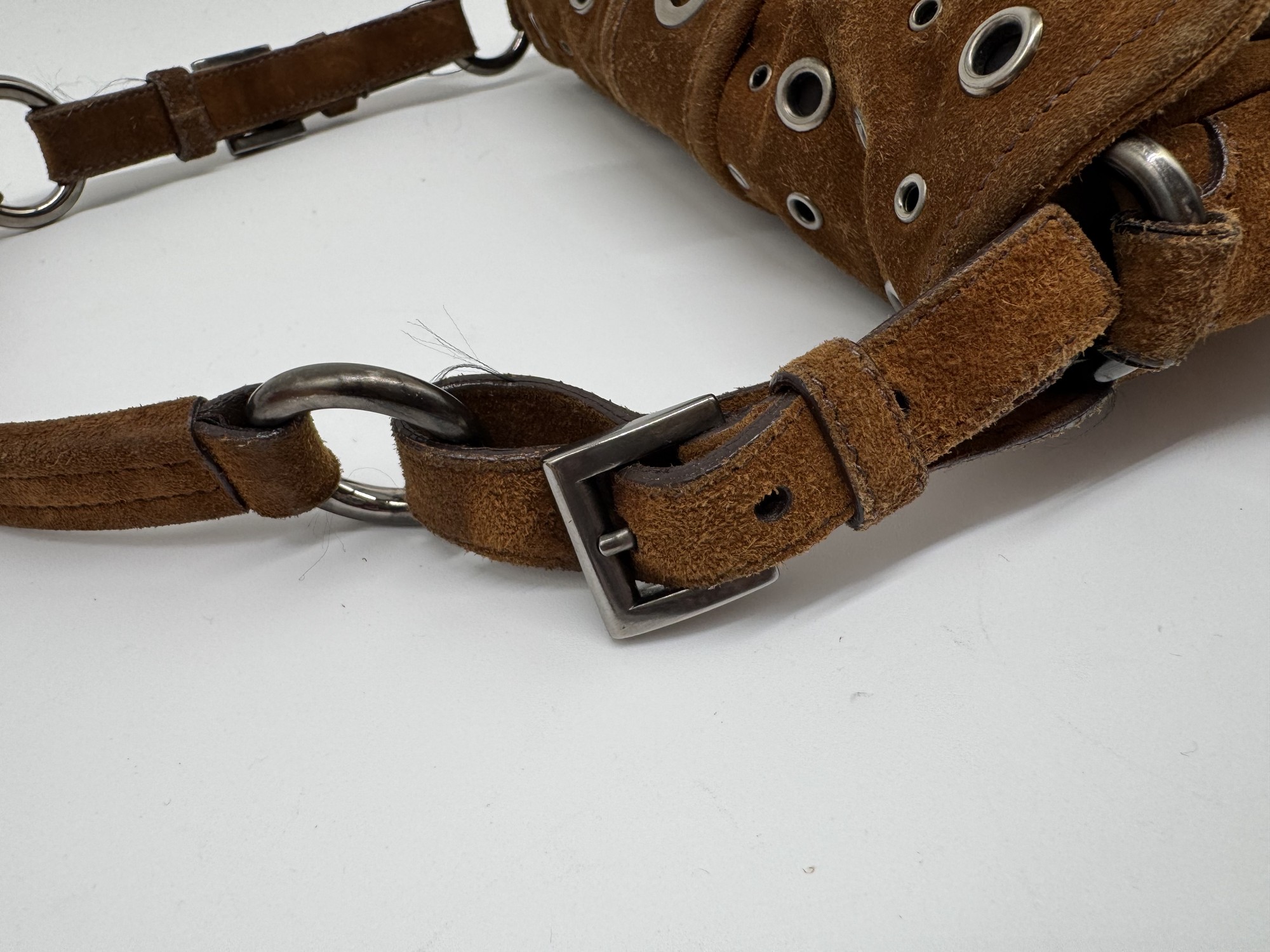 Prada Brown Suede Grommet Buckle Shoulder Bag