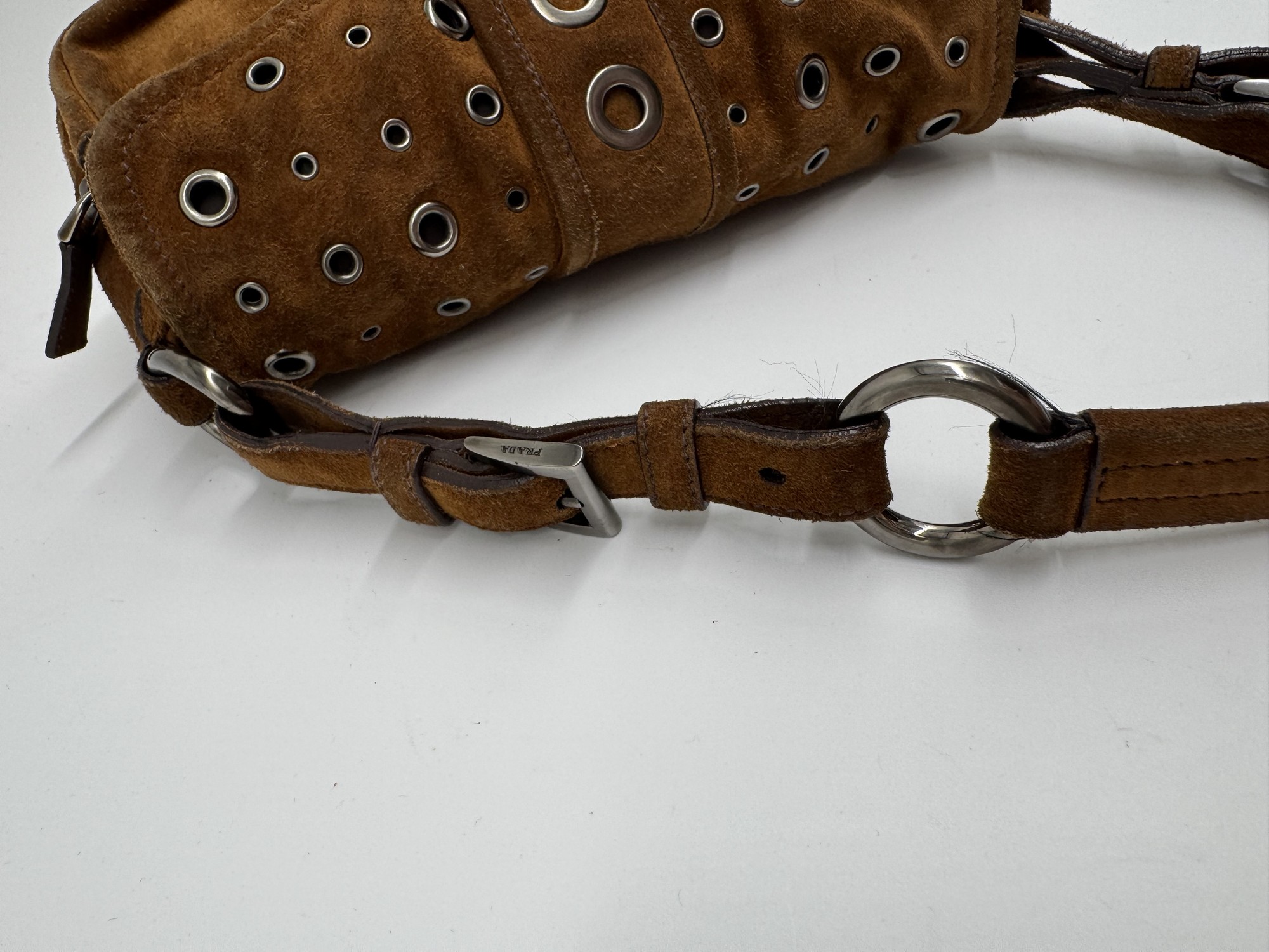 Prada Brown Suede Grommet Buckle Shoulder Bag