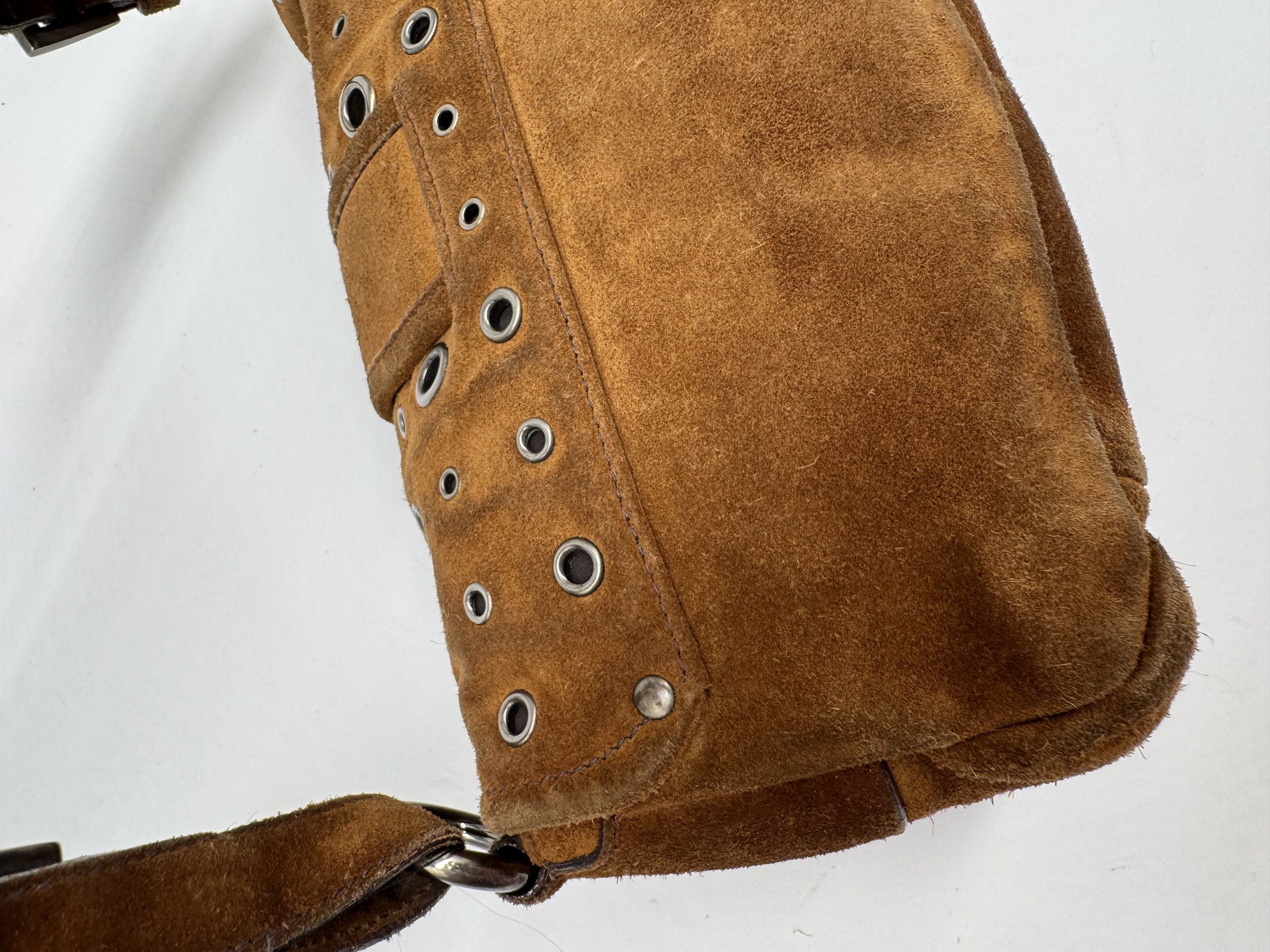 Prada Brown Suede Grommet Buckle Shoulder Bag