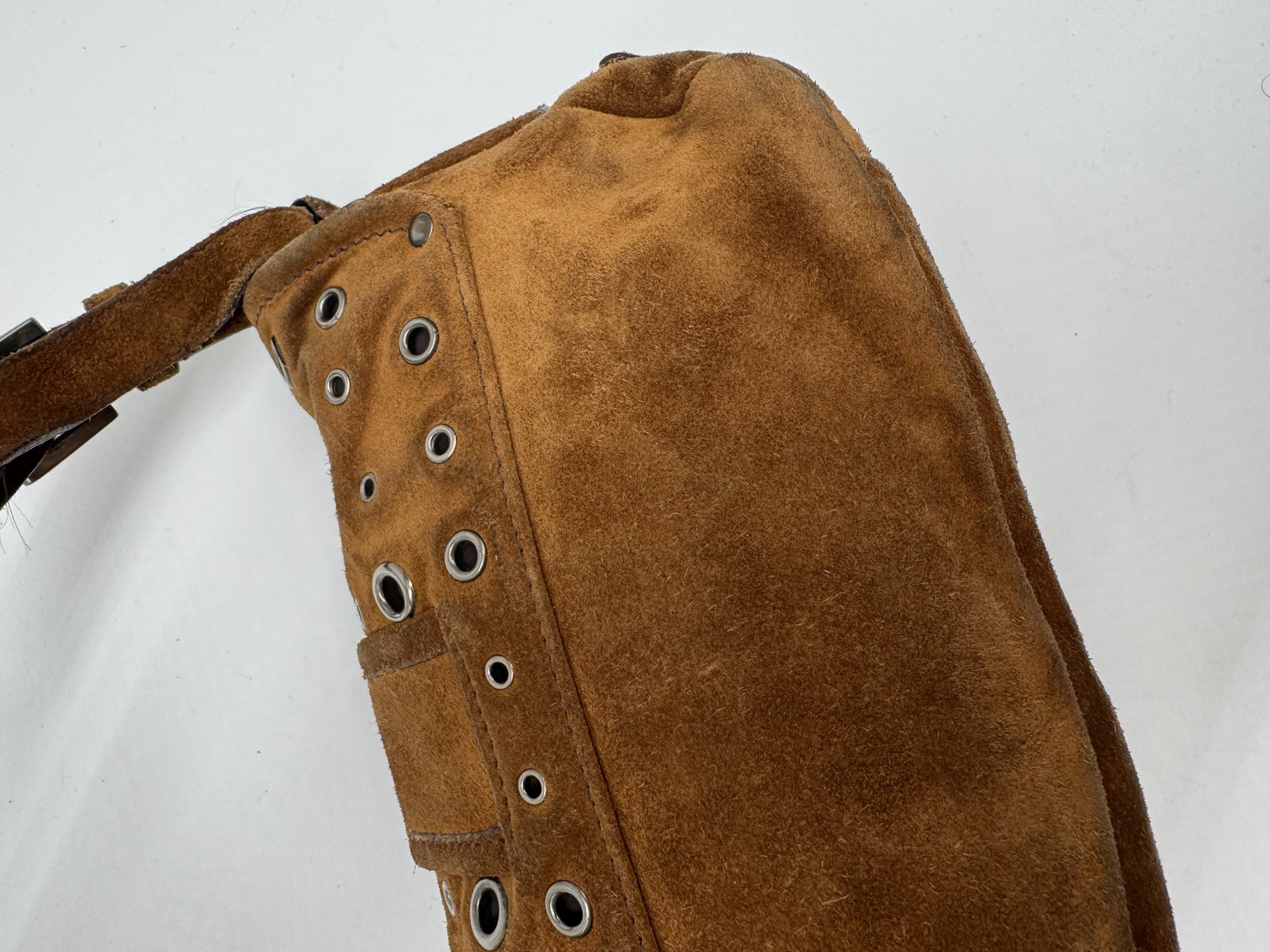 Prada Brown Suede Grommet Buckle Shoulder Bag