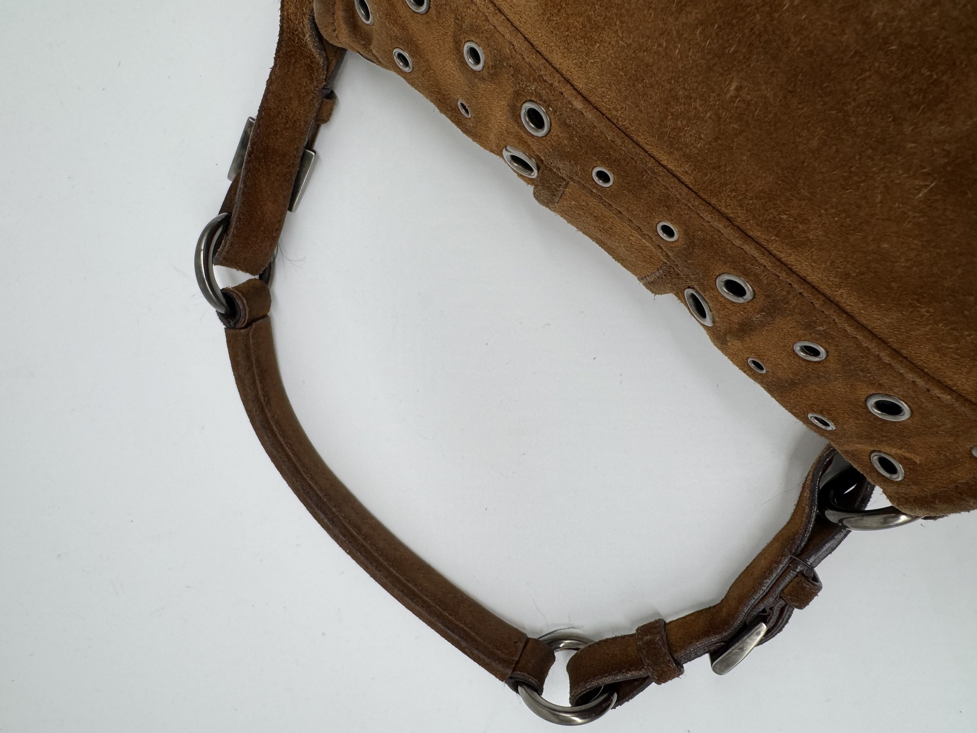 Prada Brown Suede Grommet Buckle Shoulder Bag