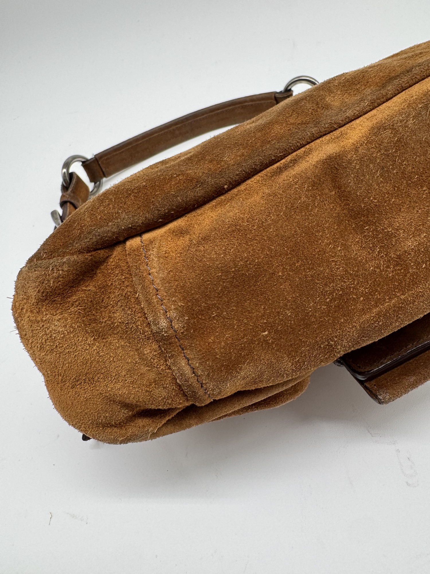 Prada Brown Suede Grommet Buckle Shoulder Bag